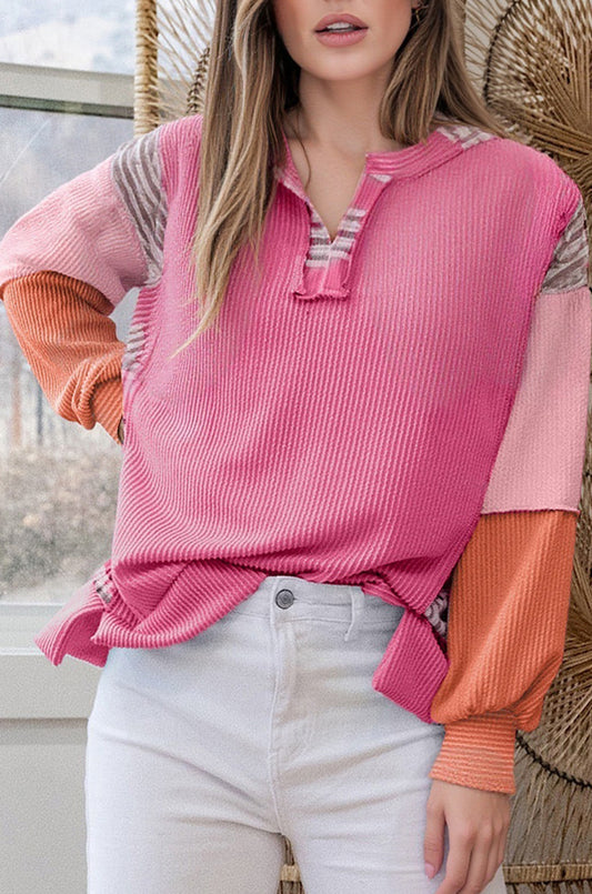 Rose Red Corded Texture Plaid Colorblock Patchwork Split Neck Long Sleeve Top-Tops/Long Sleeve Tops-[Adult]-[Female]-Rose Red-S-2022 Online Blue Zone Planet