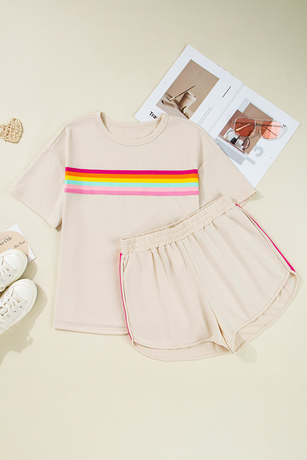 Beige Vibrant Striped Detail Athleisure 2pcs Short Set-Two Piece Sets/Short Sets-[Adult]-[Female]-2022 Online Blue Zone Planet