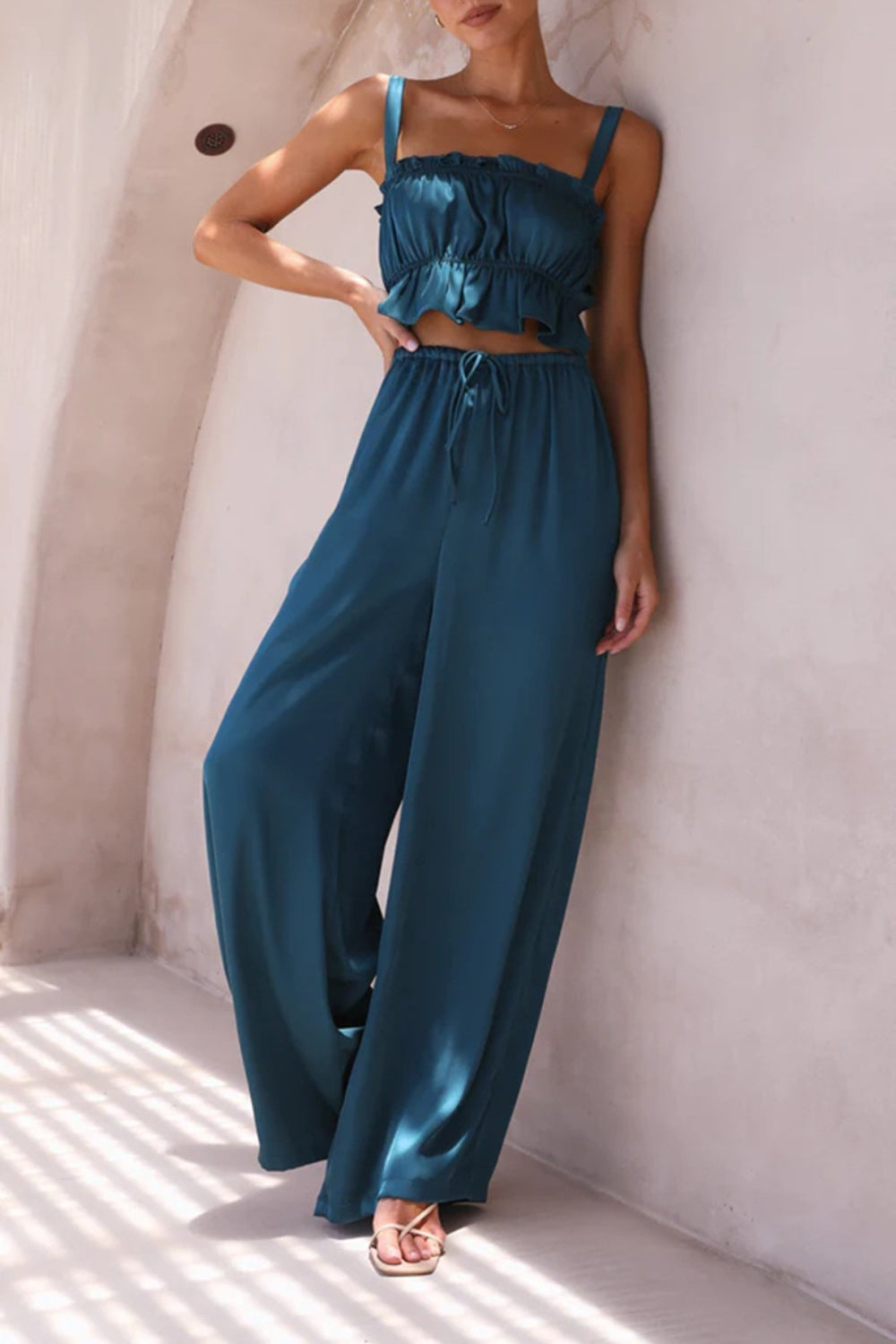 Blue Zone Planet | Ruffled Sleeveless Top and Wide Leg Pants Set-TOPS / DRESSES-[Adult]-[Female]-2022 Online Blue Zone Planet