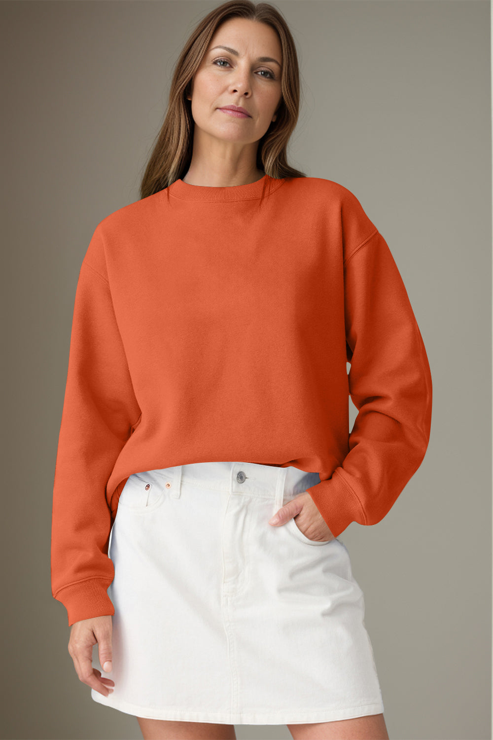 Blue Zone Planet | Round Neck Long Sleeve Sweatshirt-TOPS / DRESSES-[Adult]-[Female]-Orange-S-2022 Online Blue Zone Planet