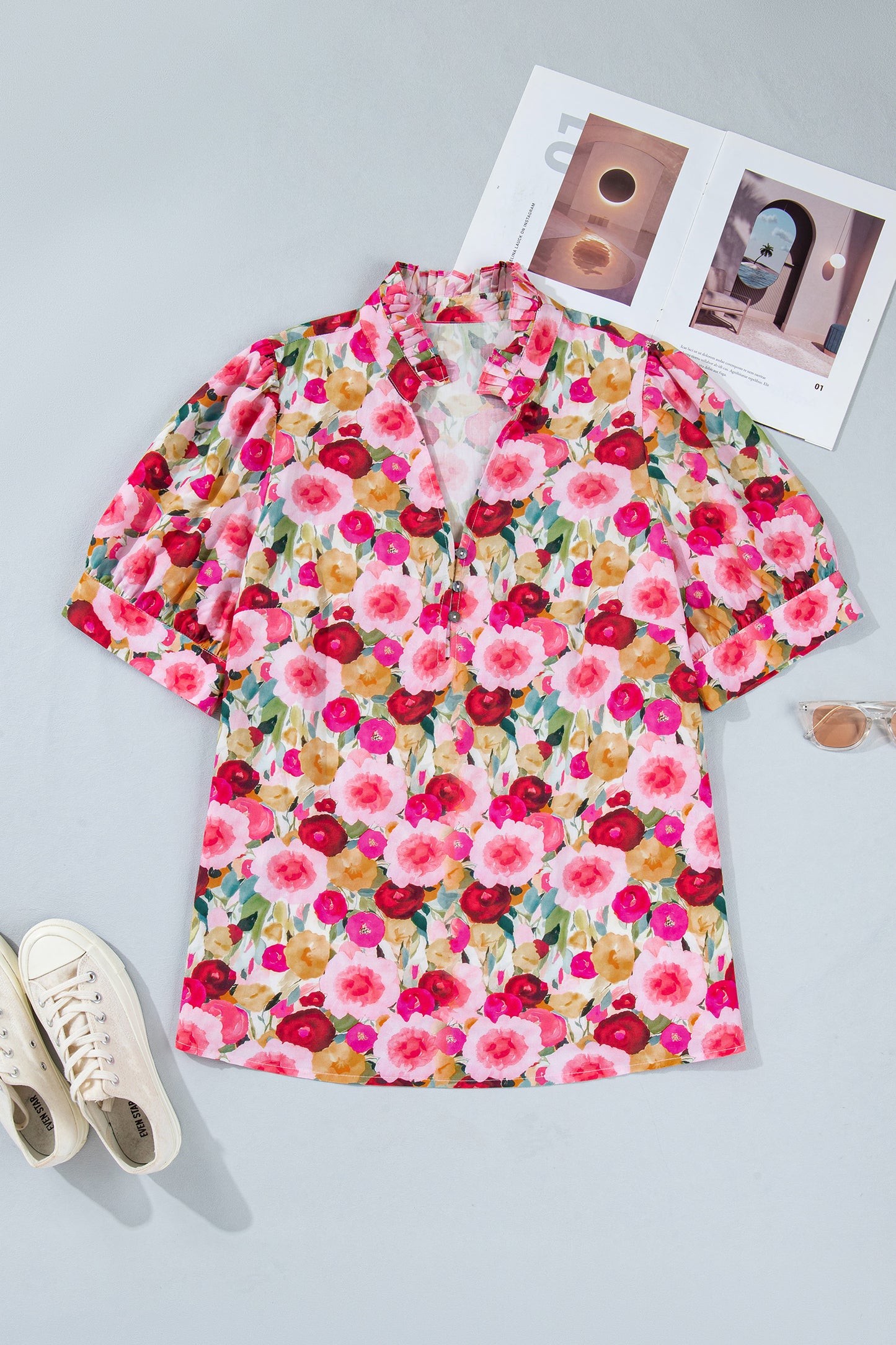 Pink Plus Size Flower Print Split V Neck Puff Short Sleeve Top-Plus Size/Plus Size Tops/Plus Size Blouses & Shirts-[Adult]-[Female]-2022 Online Blue Zone Planet