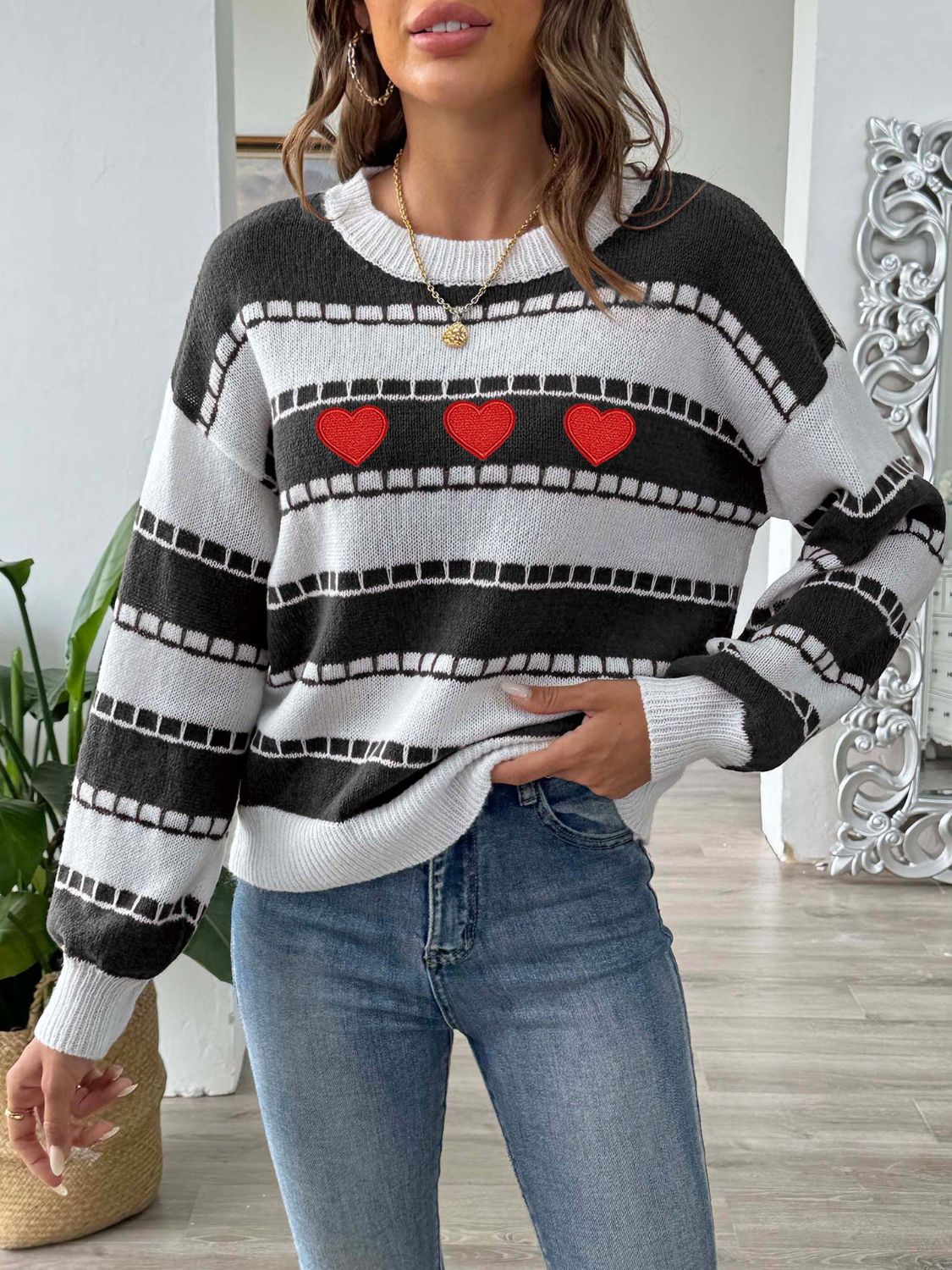 Heart Round Neck Long Sleeve Sweater-TOPS / DRESSES-[Adult]-[Female]-2022 Online Blue Zone Planet