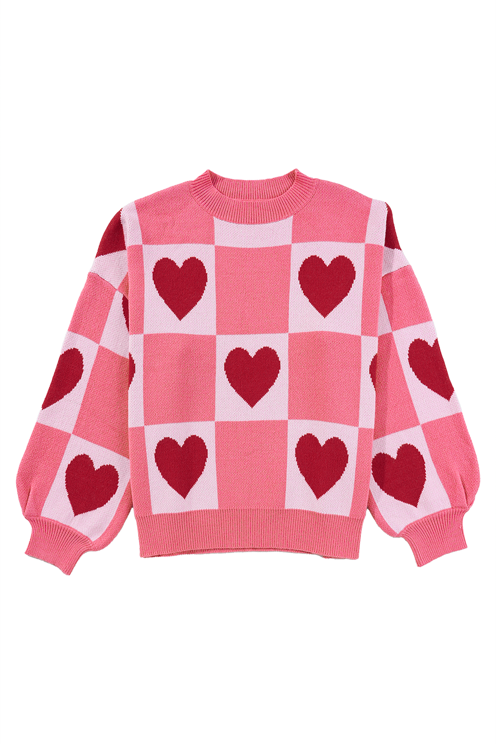 Blue Zone Planet | Pink Plus Size Heart Colorblock Mock Neck Lantern Sleeve Sweater-Plus Size Sweaters&Cardigans-[Adult]-[Female]-2022 Online Blue Zone Planet