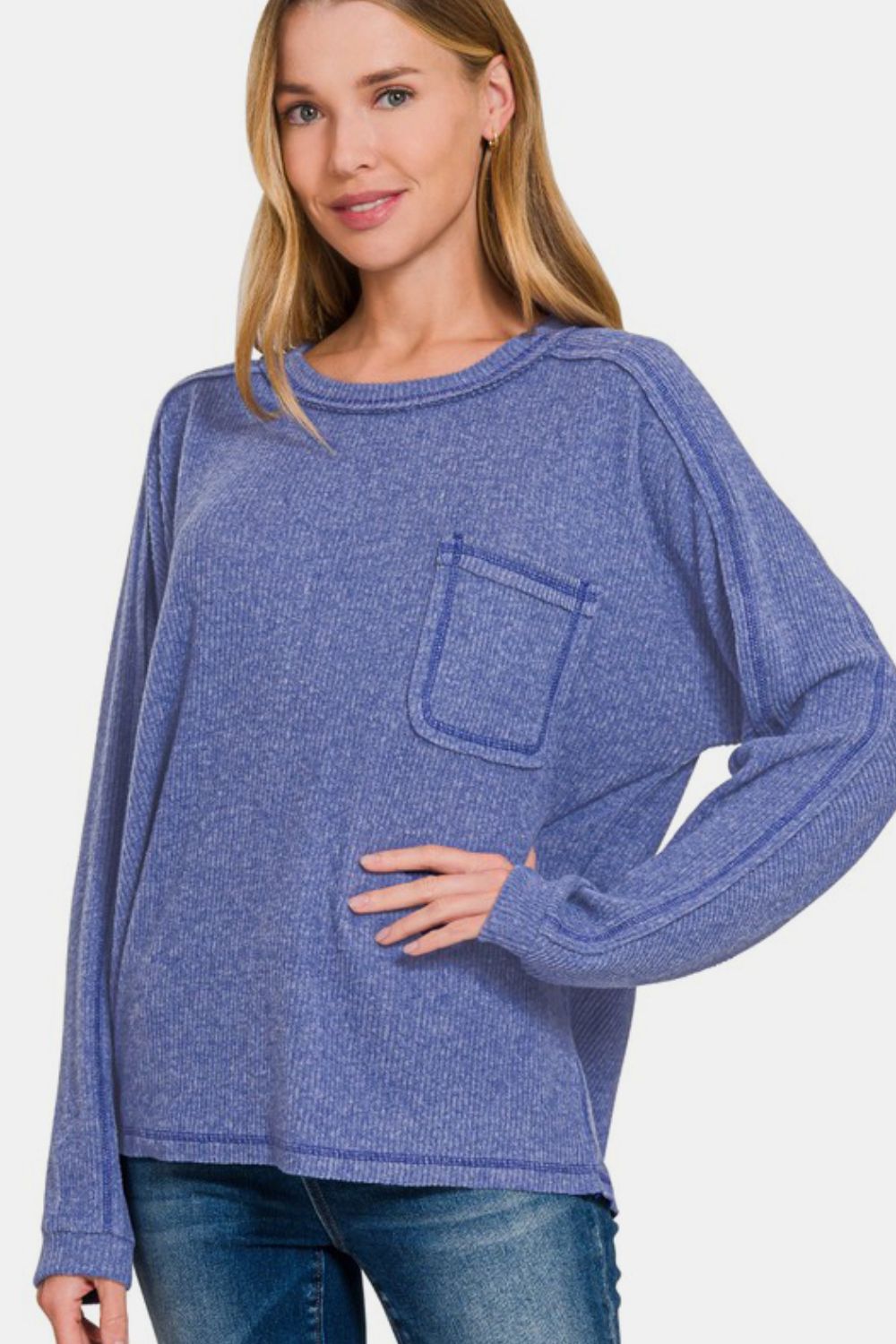 Zenana Full Size Contrast Stitching Brushed Ribbed Hacci Knit Top-TOPS / DRESSES-[Adult]-[Female]-Blue Purple-S/M-2022 Online Blue Zone Planet