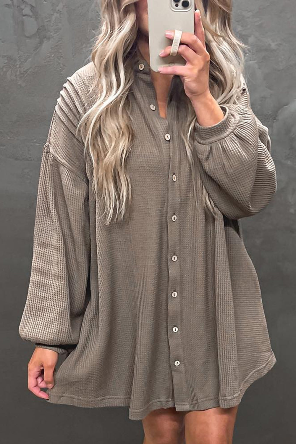 Simply Taupe Waffle Knit Shirt Tunic Dress-Dresses/Mini Dresses-[Adult]-[Female]-Simply Taupe-S-2022 Online Blue Zone Planet