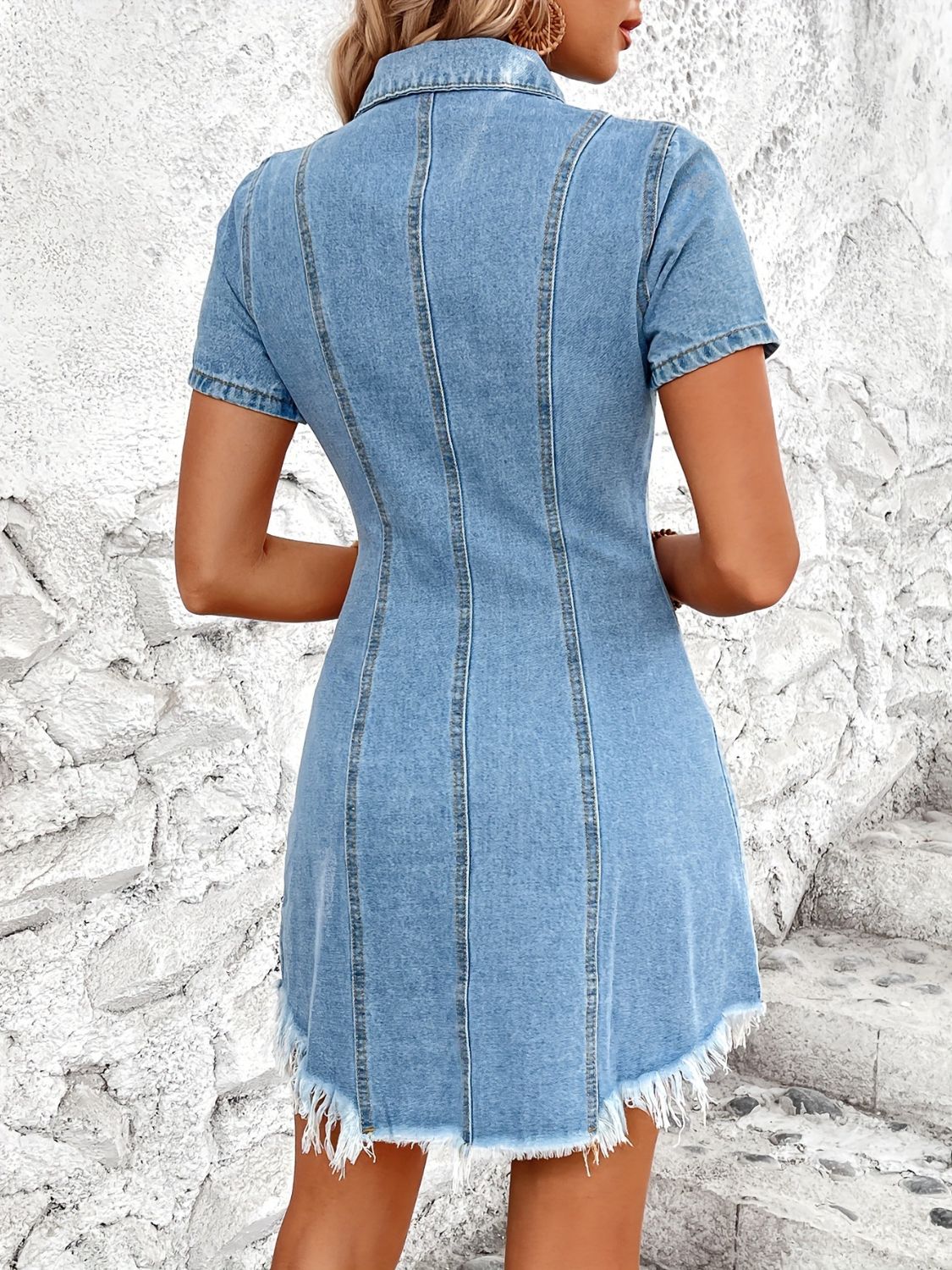 Raw Hem Button Up Short Sleeve Denim Dress-TOPS / DRESSES-[Adult]-[Female]-2022 Online Blue Zone Planet