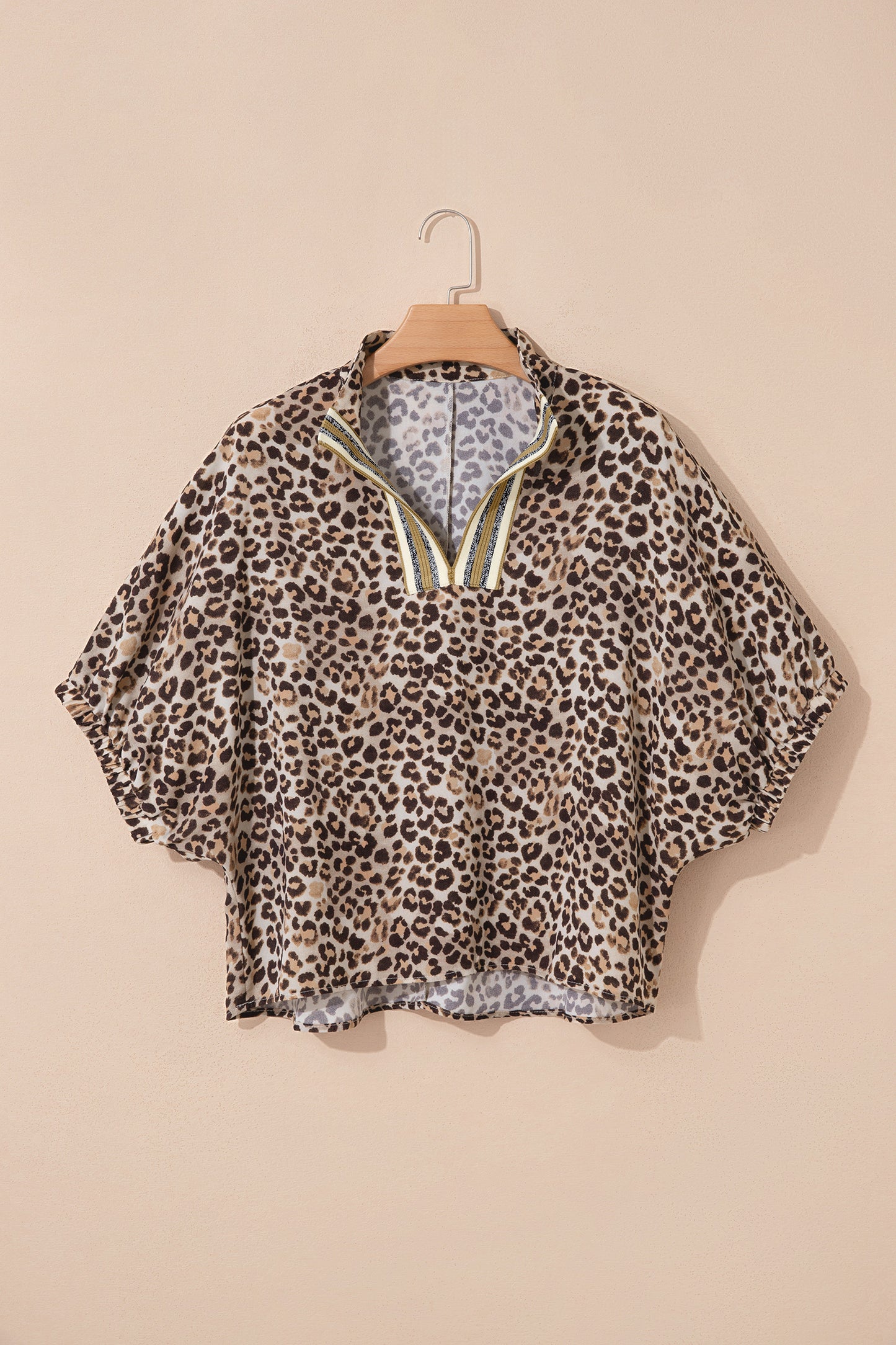 Leopard Contrast Trim V Neck Half Sleeve Western Dolman Blouse-Tops/Blouses & Shirts-[Adult]-[Female]-2022 Online Blue Zone Planet