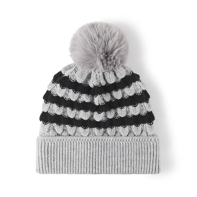 Striped Contrast Knit Hat with Pom-pom-HATS-[Adult]-[Female]-Gray-One Size-2022 Online Blue Zone Planet