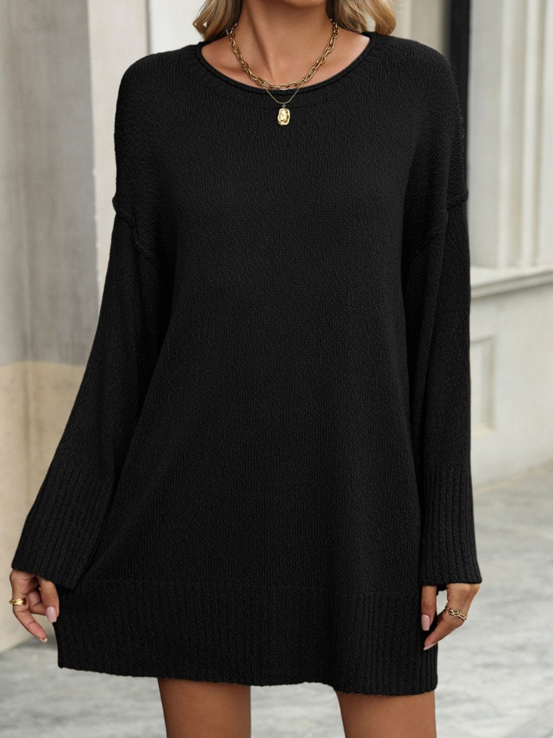 Round Neck Dropped Shoulder Sweater-TOPS / DRESSES-[Adult]-[Female]-Black-S-2022 Online Blue Zone Planet