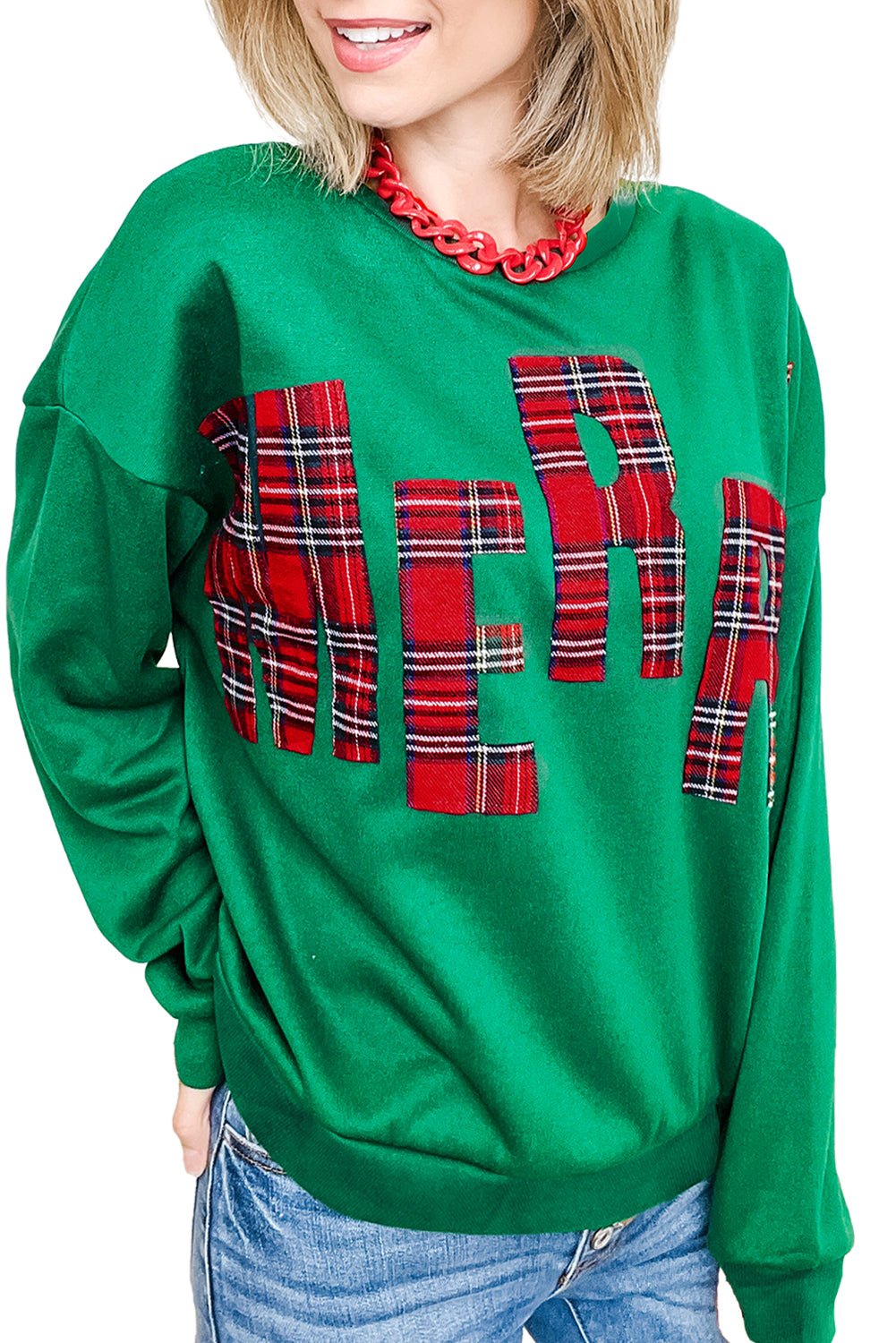 White Plaid MERRY Christmas Holiday Sweatshirt-Sweatshirts & Hoodies-[Adult]-[Female]-2022 Online Blue Zone Planet