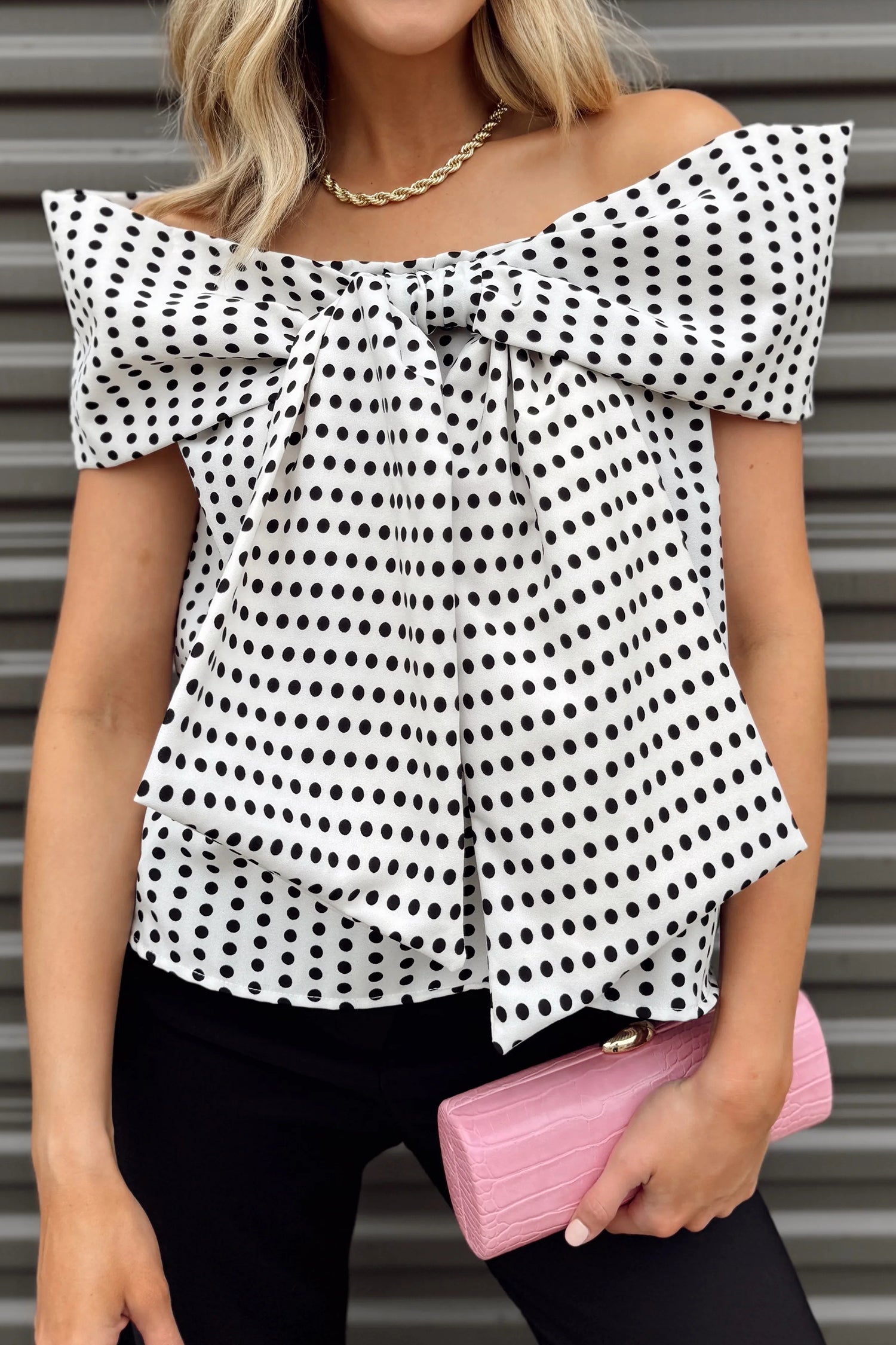 White Polka Dot Off Shoulder Bow Knot Short Sleeve Blouse-Tops/Blouses & Shirts-[Adult]-[Female]-2022 Online Blue Zone Planet