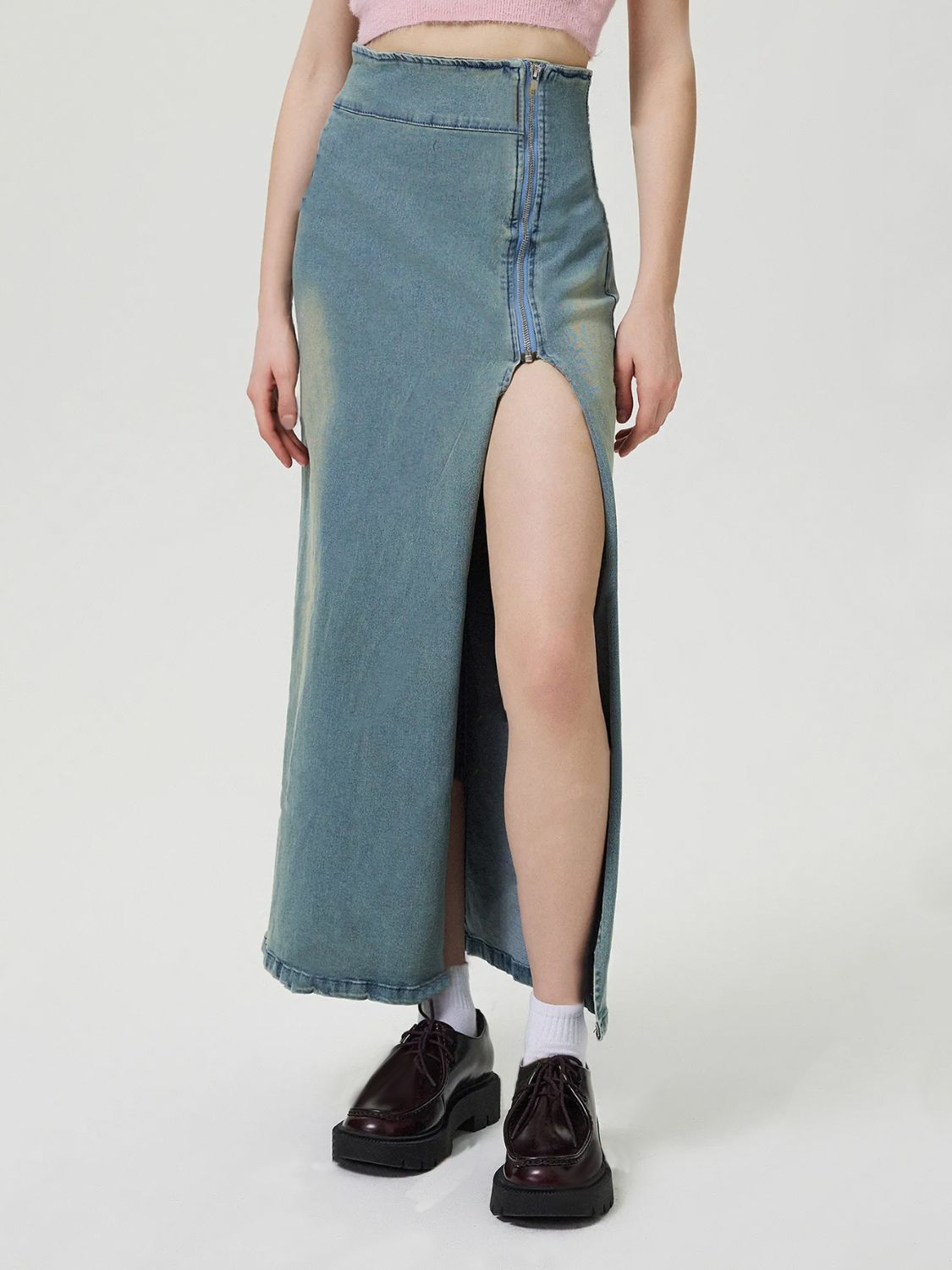 Slit Denim Skirt with Zip-BOTTOM SIZES SMALL MEDIUM LARGE-[Adult]-[Female]-Medium-S-2022 Online Blue Zone Planet