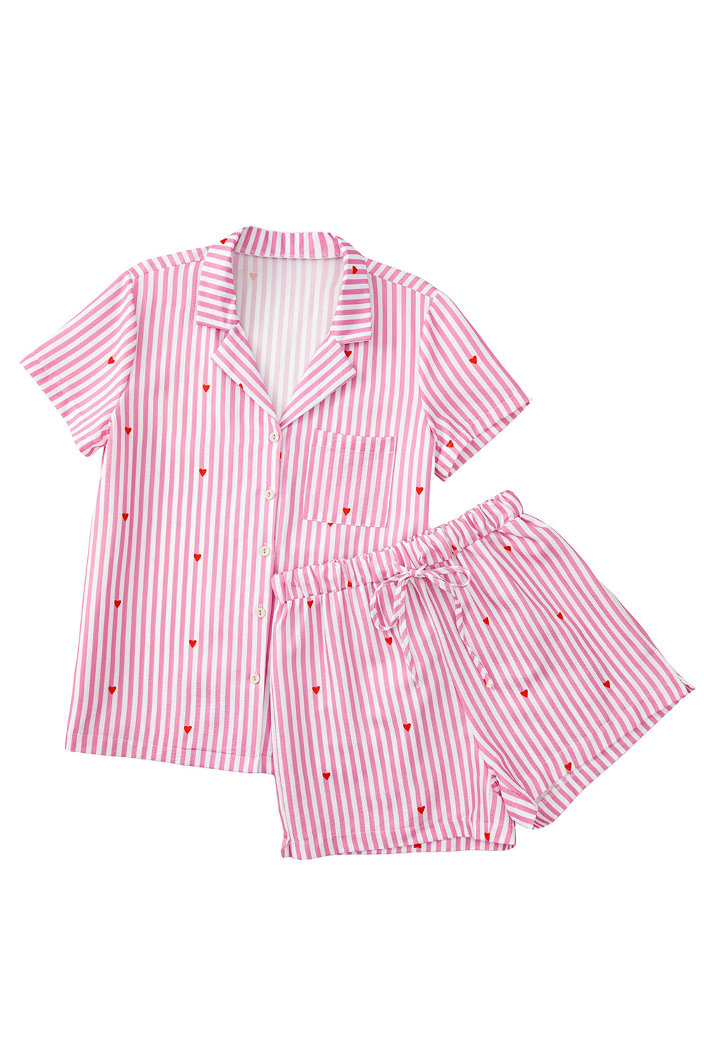Pink Striped Heart Print Shirt and Shorts Pajama Set-Loungewear Set-[Adult]-[Female]-2022 Online Blue Zone Planet