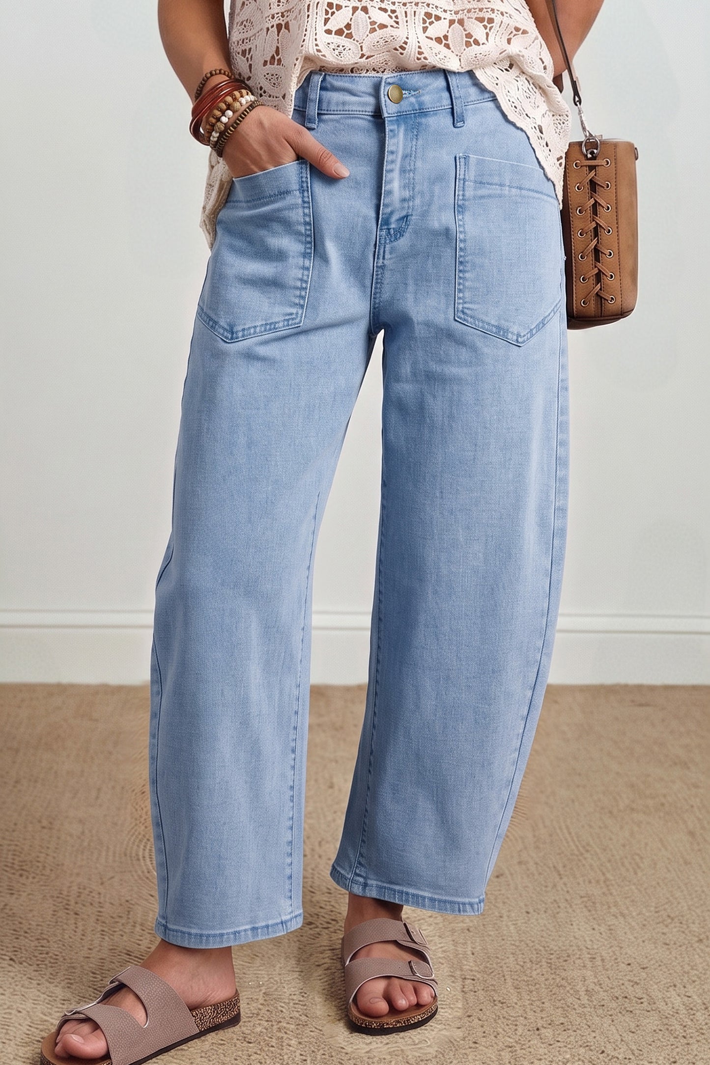 Beau Blue Solid Color Square Patch Pocket Ankle-length Barrel Jeans-Bottoms/Jeans-[Adult]-[Female]-2022 Online Blue Zone Planet