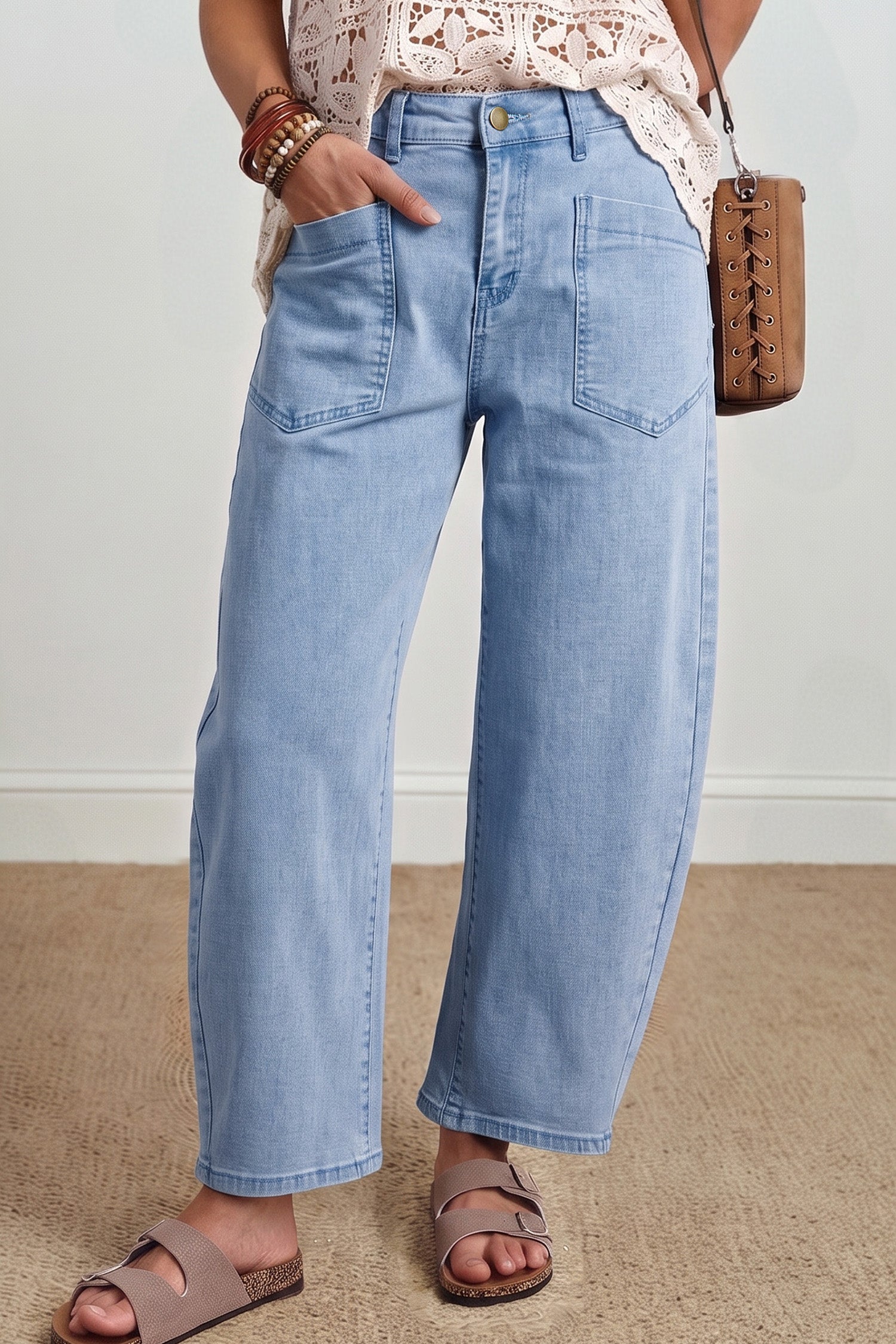 Beau Blue Solid Color Square Patch Pocket Ankle-length Barrel Jeans-Bottoms/Jeans-[Adult]-[Female]-2022 Online Blue Zone Planet