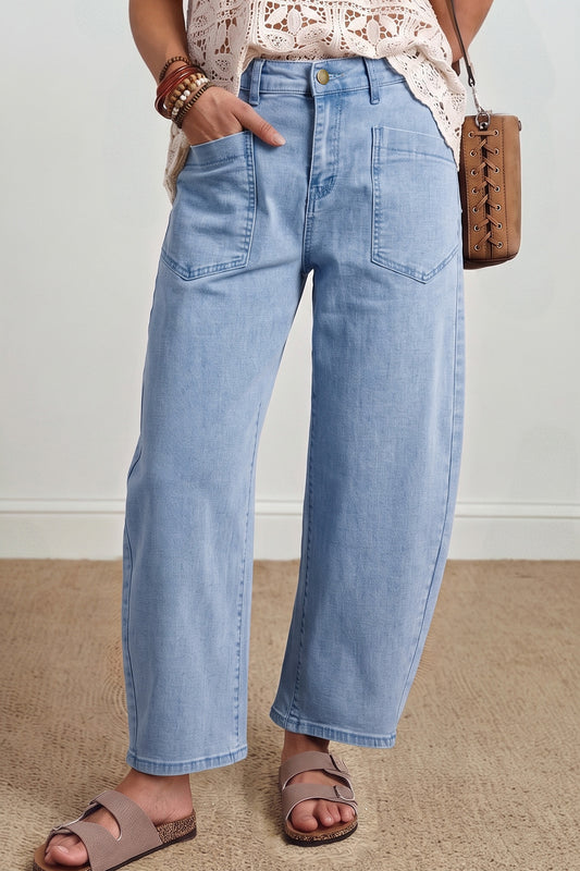 Beau Blue Solid Color Square Patch Pocket Ankle-length Barrel Jeans-Bottoms/Jeans-[Adult]-[Female]-2022 Online Blue Zone Planet