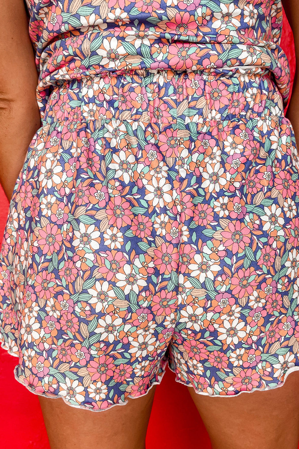 Sky Blue Floral Print Camisole and Shorts Set-Two Piece Shorts Sets-[Adult]-[Female]-2022 Online Blue Zone Planet