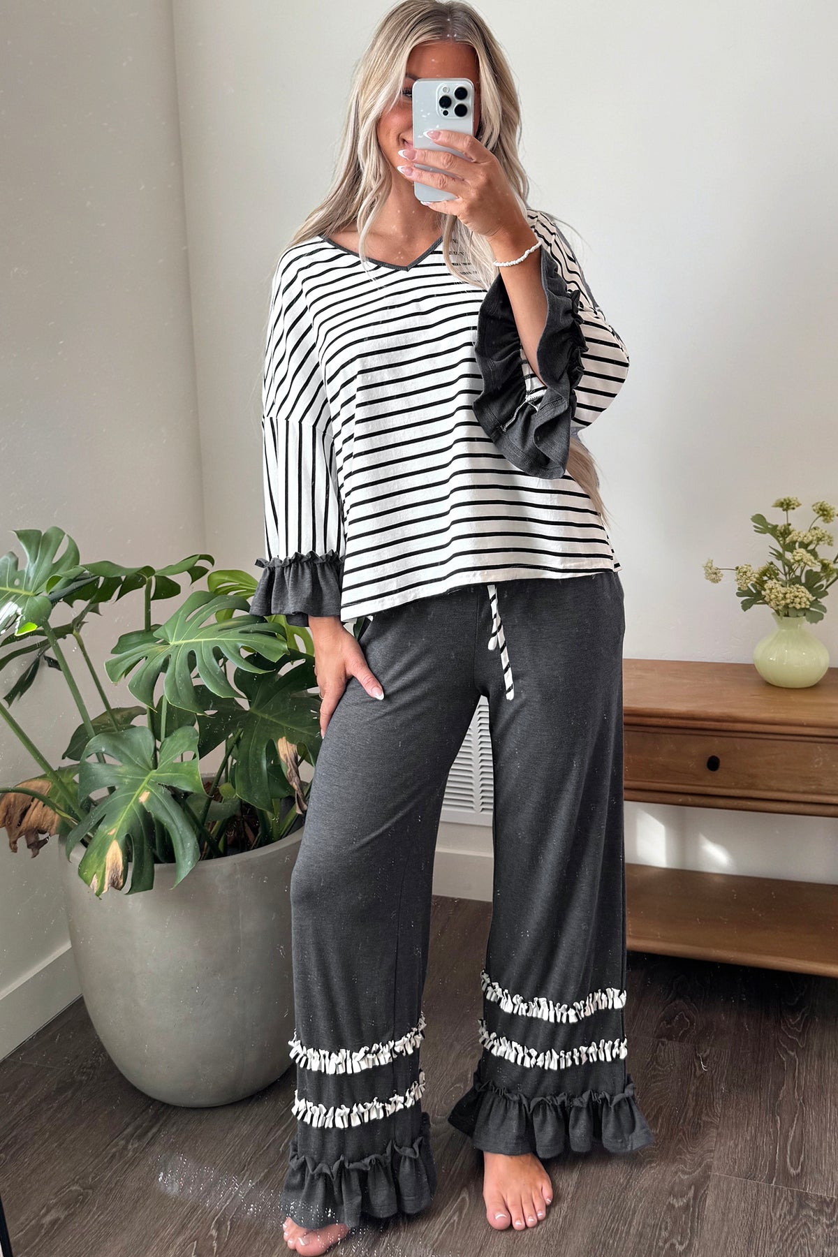 Gray Stripe V Neck Ruffle Contrast Sleeve Top Drawstring Pants 2pcs Set-Two Piece Sets/Pant Sets-[Adult]-[Female]-2022 Online Blue Zone Planet
