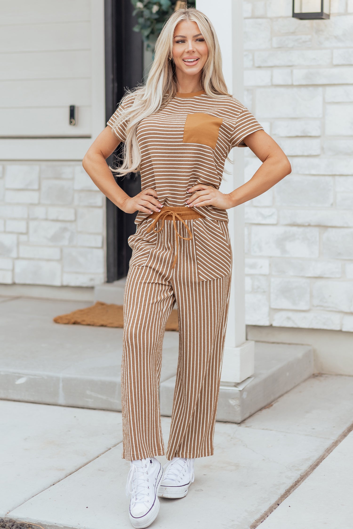 Khaki Stripe Crew Neck Tee Drawstring Waist Cropped Pants Set-Two Piece Sets/Pant Sets-[Adult]-[Female]-2022 Online Blue Zone Planet