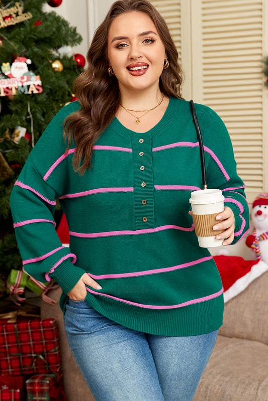 Green Stripe Half Buttons Drop Shoulder Plus Size Sweater-TOPS / DRESSES-[Adult]-[Female]-2022 Online Blue Zone Planet