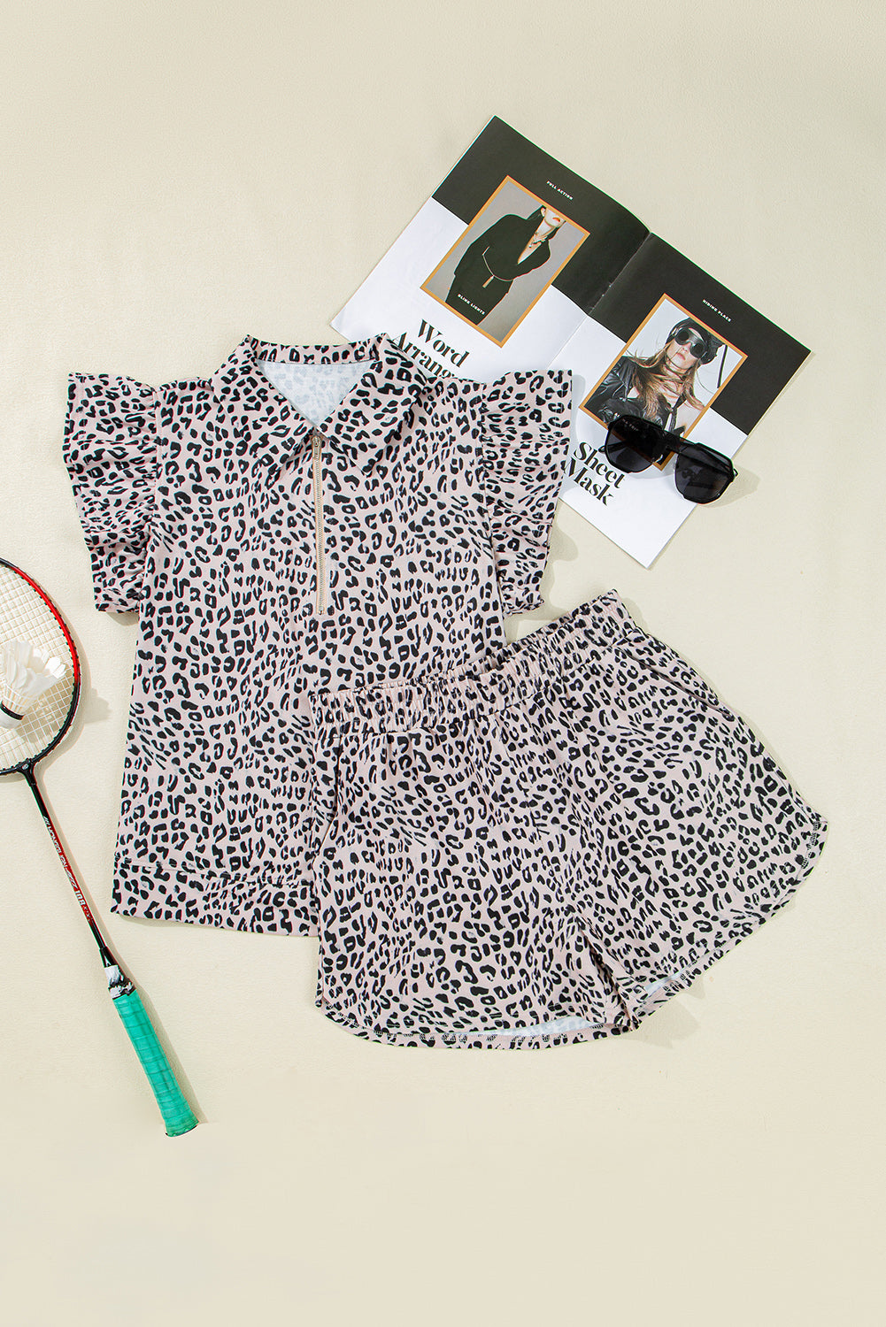 Brown Leopard Half Zipper Collared Ruffled Sleeve Top and Short Set-Two Piece Sets/Short Sets-[Adult]-[Female]-2022 Online Blue Zone Planet
