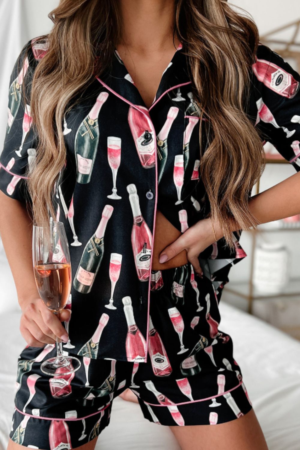 Champagne Print Short Sleeve Top and Shorts Set-TOPS / DRESSES-[Adult]-[Female]-Black-S-2022 Online Blue Zone Planet