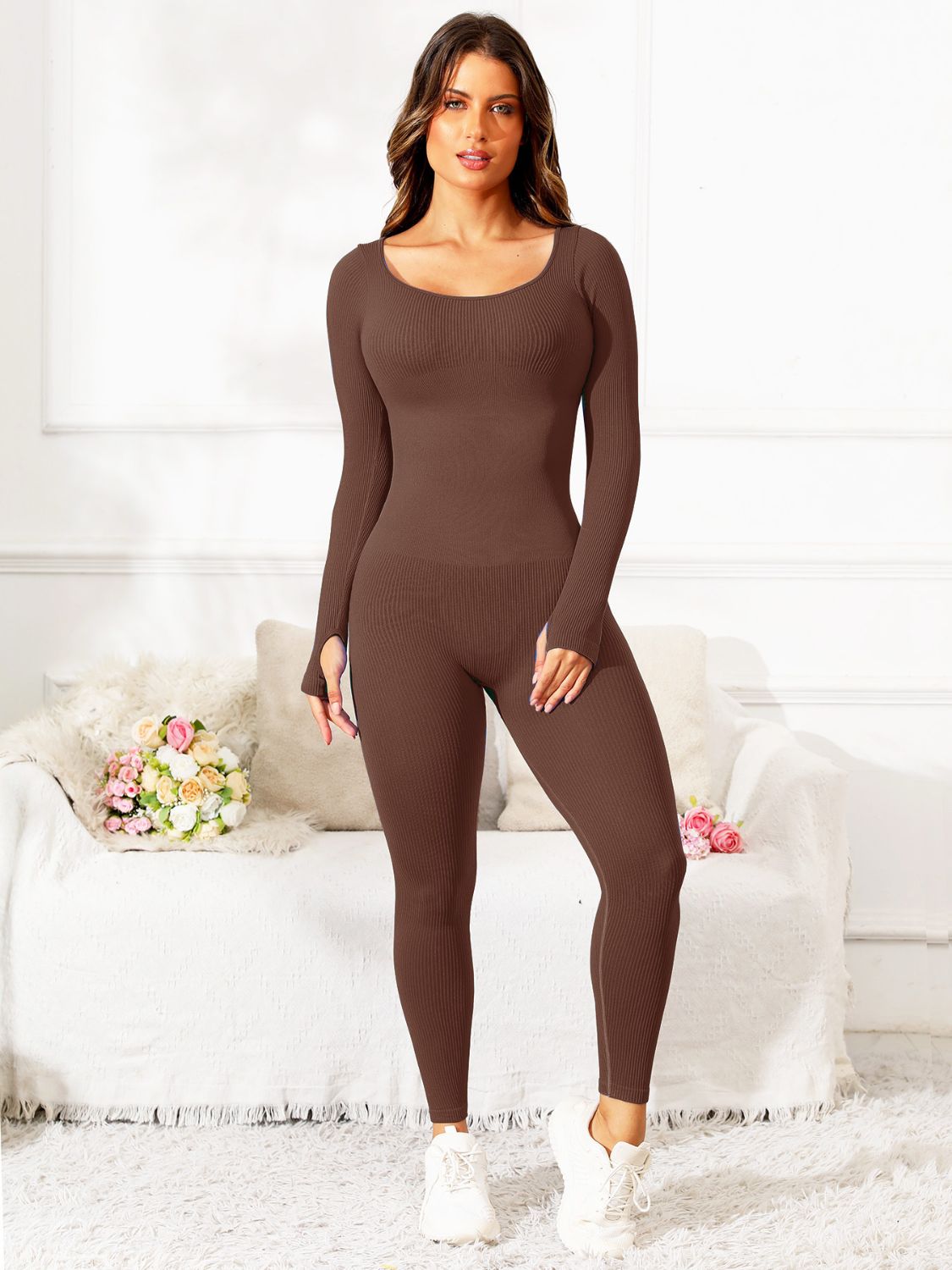 Scoop Neck Long Sleeve Active Jumpsuit-TOPS / DRESSES-[Adult]-[Female]-Black-S-2022 Online Blue Zone Planet