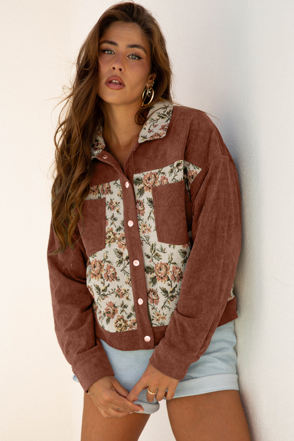 Clay Ribbed Retro Floral Patchwork Shirt Style Jacket-Outerwear/Jackets-[Adult]-[Female]-2022 Online Blue Zone Planet