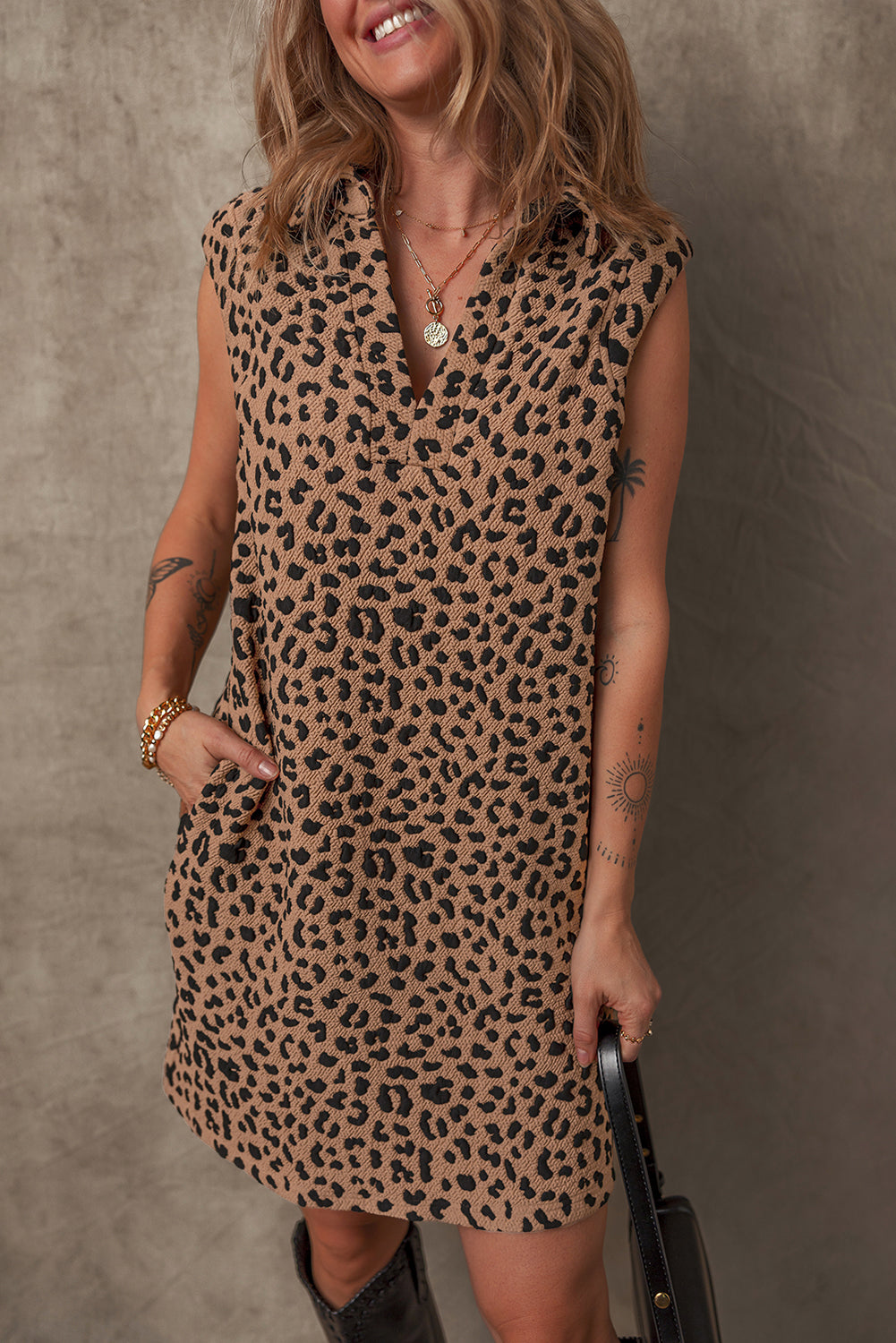 Blue Zone Planet | Khaki Leopard Print V Neck Sleeveless Collared Mini Dress-TOPS / DRESSES-[Adult]-[Female]-2022 Online Blue Zone Planet