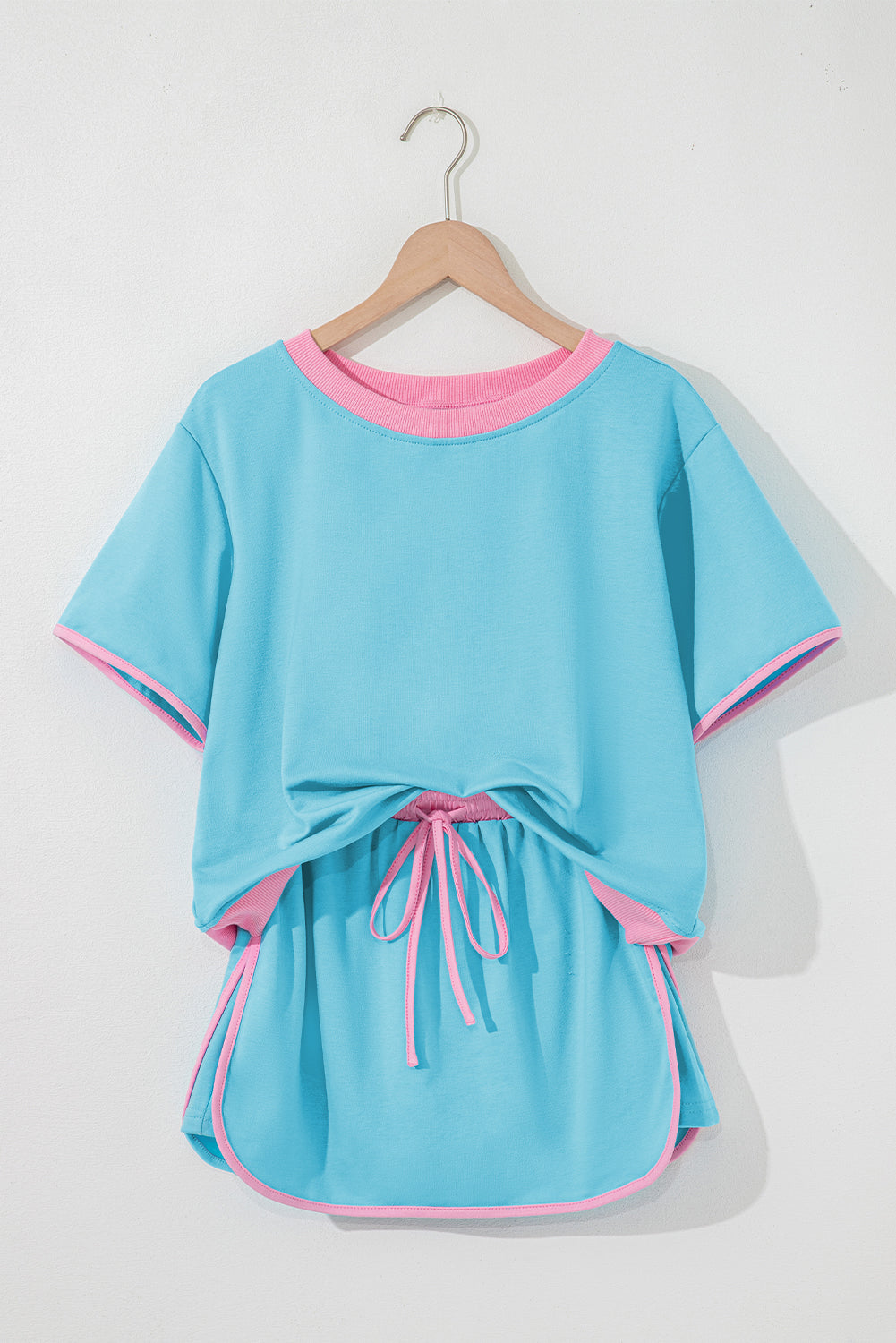 Turquoise Colorblock Edge Drop Shoulder T Shirt and Skirt 2Pcs Set-Two Piece Sets/Two Piece Dresses-[Adult]-[Female]-2022 Online Blue Zone Planet