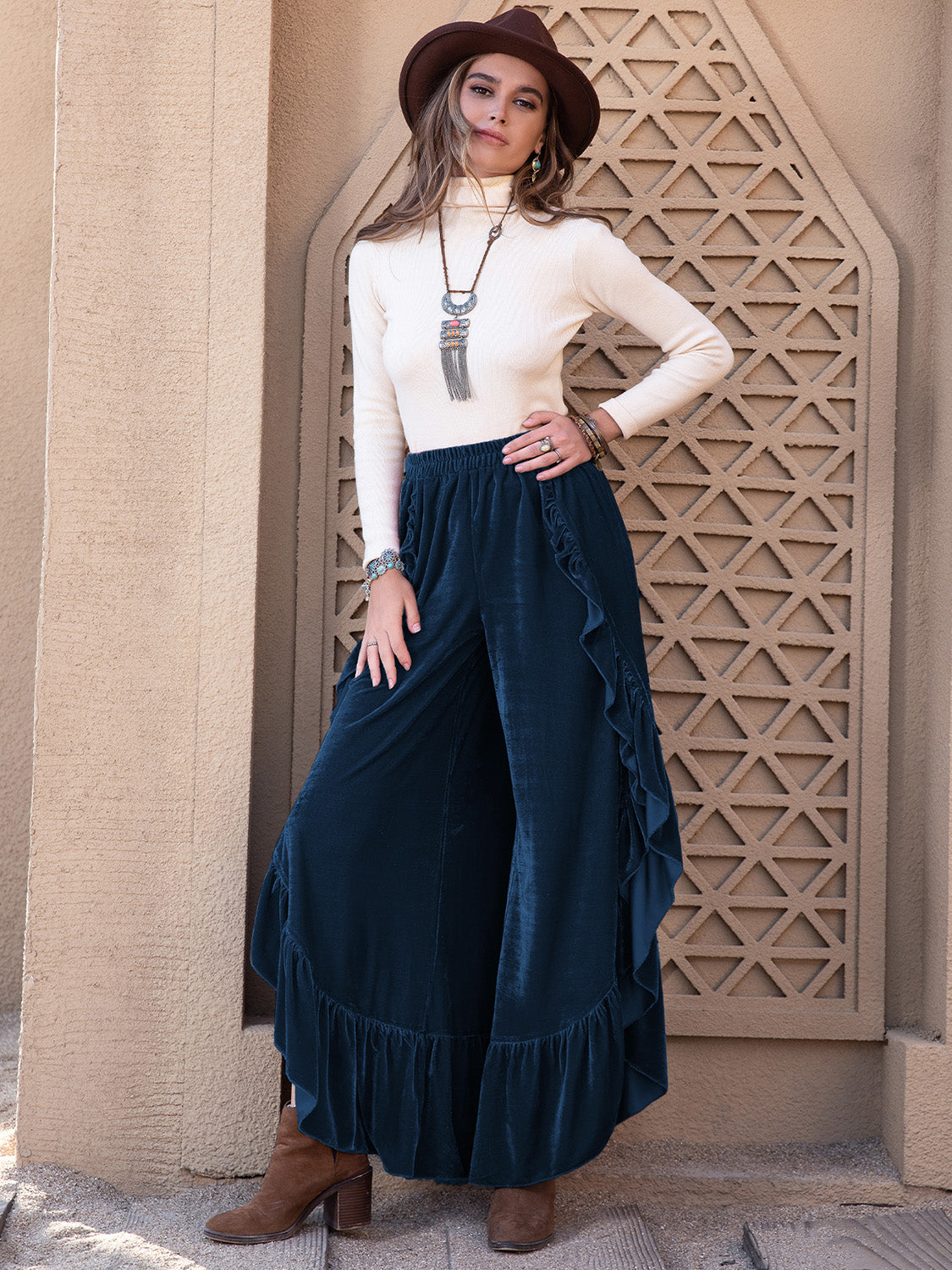 Slit Ruffled Wide Leg Pants-BOTTOMS SIZES SMALL MEDIUM LARGE-[Adult]-[Female]-2022 Online Blue Zone Planet