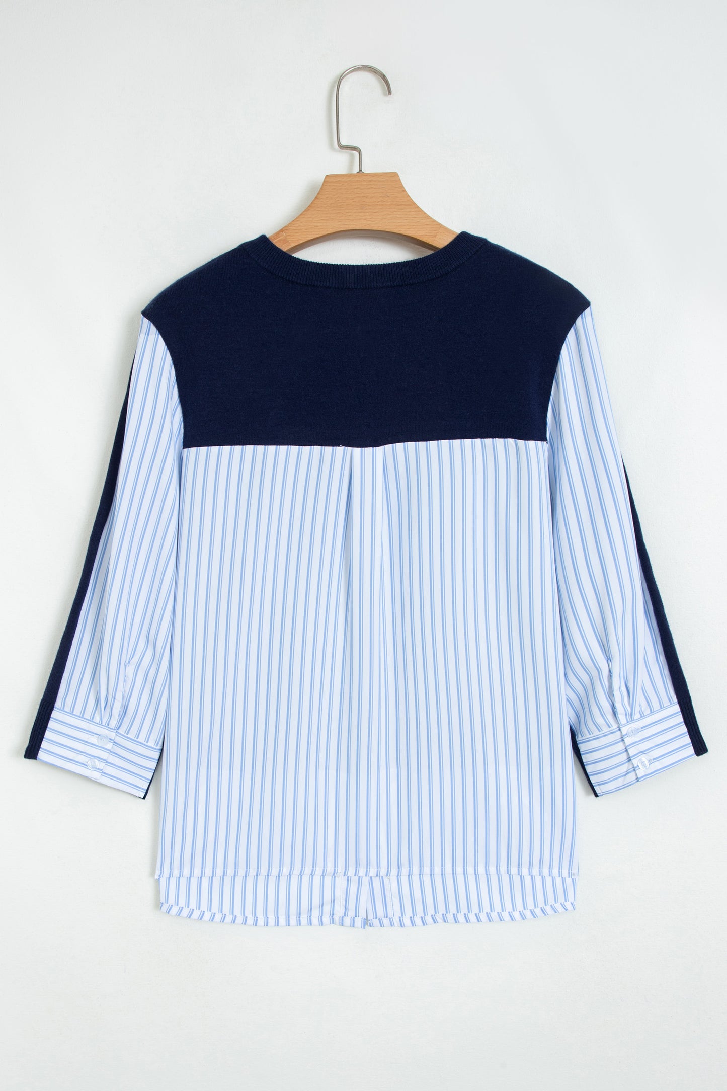 Navy Blue Drop Shoulder Long Sleeve Striped Pullover Sweater