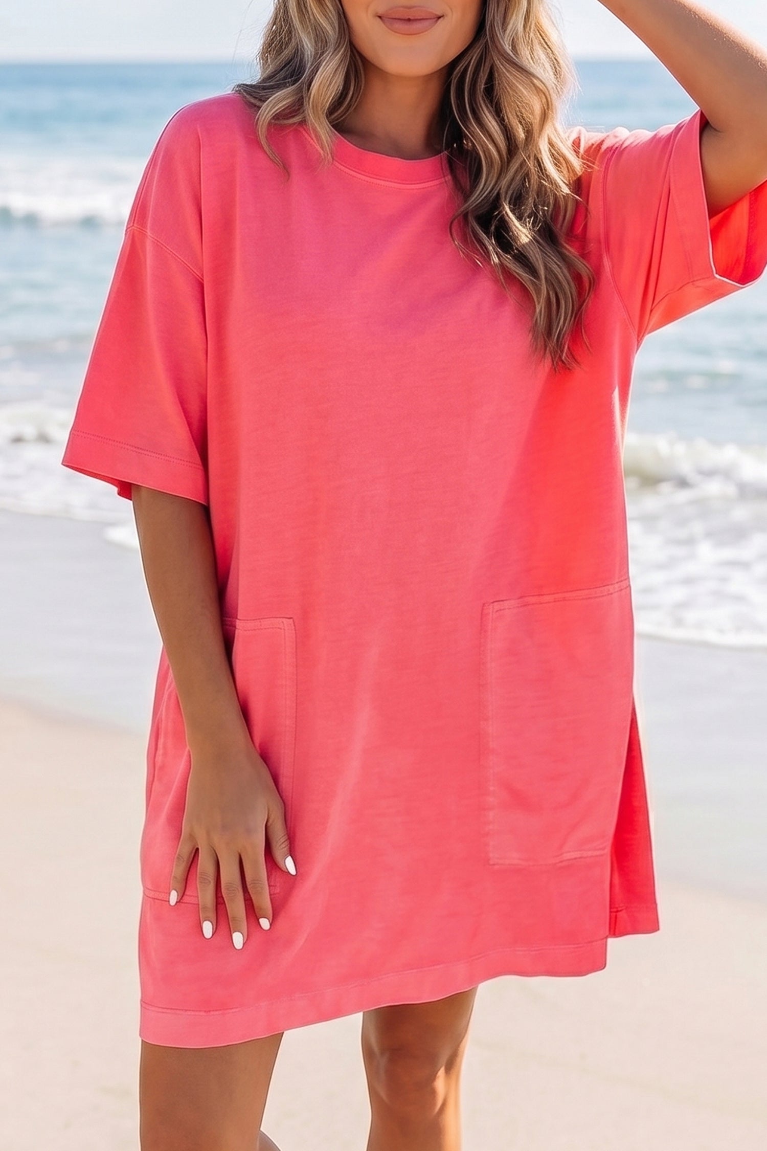 Coral Paradise Drop Shoulder Loose Casual T Shirt Mini Dress-TOPS / DRESSES-[Adult]-[Female]-2022 Online Blue Zone Planet