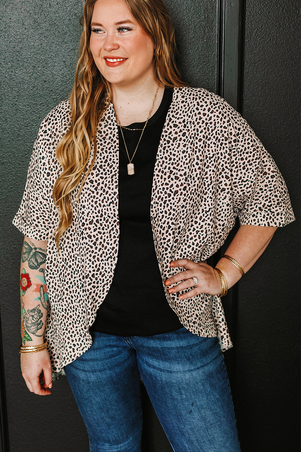 Khaki Plus Size Leopard Print Half Sleeve Open Front Cardigan-Sale (50% OFF)/20% OFF-[Adult]-[Female]-Khaki-1X-2022 Online Blue Zone Planet