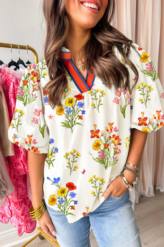White Floral Short Puff Sleeve Contrast V Neck Print Blouse-Tops/Blouses & Shirts-[Adult]-[Female]-White-S-2022 Online Blue Zone Planet