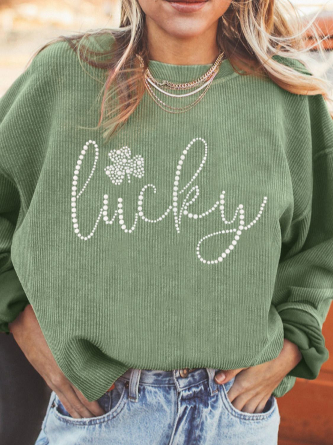 LUCKY Rhinestone Round Neck Long Sleeve Sweatshirt-TOPS / DRESSES-[Adult]-[Female]-Sage-S-2022 Online Blue Zone Planet