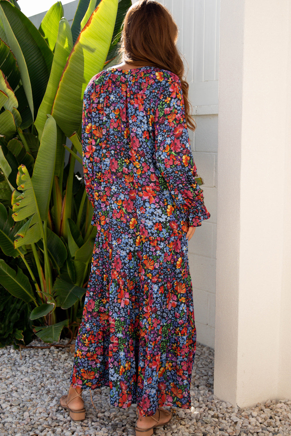 Blue Floral Print Tassel Tie V Neck Long Sleeve Flowy Long Dress-TOPS / DRESSES-[Adult]-[Female]-2022 Online Blue Zone Planet