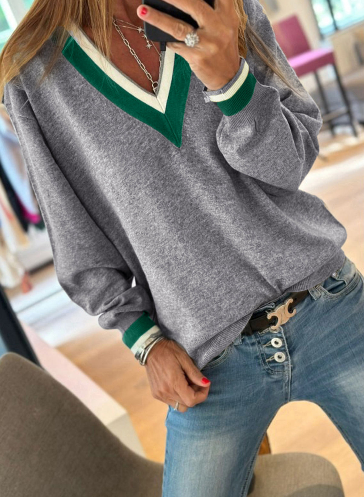 Gray Contrast Striped Trim V Neck Varsity Sweater-Sweaters & Cardigans/Sweaters-[Adult]-[Female]-2022 Online Blue Zone Planet