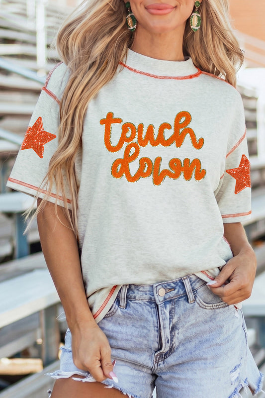 Light Grey Touch Down Chenille Glitter Star Graphic Stitched Detail High Neck T Shirt-Graphic/Graphic Tees-[Adult]-[Female]-Light Grey-S-2022 Online Blue Zone Planet