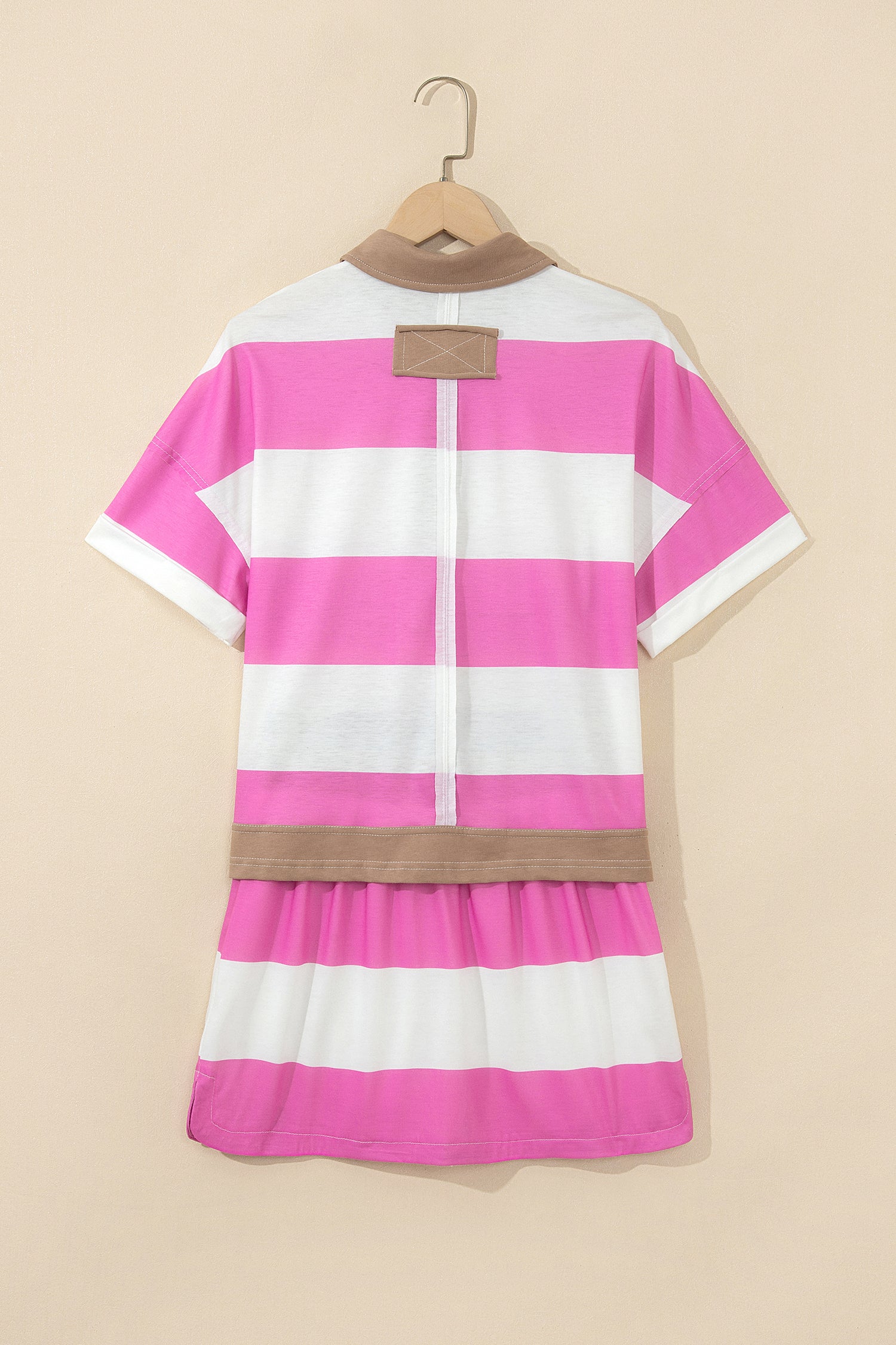 Rose Stripe Colorblock Trim Polo Tee Drawstring Mini Skirt 2pcs Set-Two Piece Sets/Two Piece Dresses-[Adult]-[Female]-2022 Online Blue Zone Planet