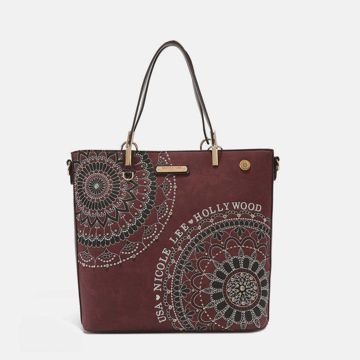 Blue Zone Planet | Nicole Lee USA Metallic Stitching Embroidery Inlaid Rhinestone Tote Bag-TOPS / DRESSES-[Adult]-[Female]-Wine-One Size-2022 Online Blue Zone Planet