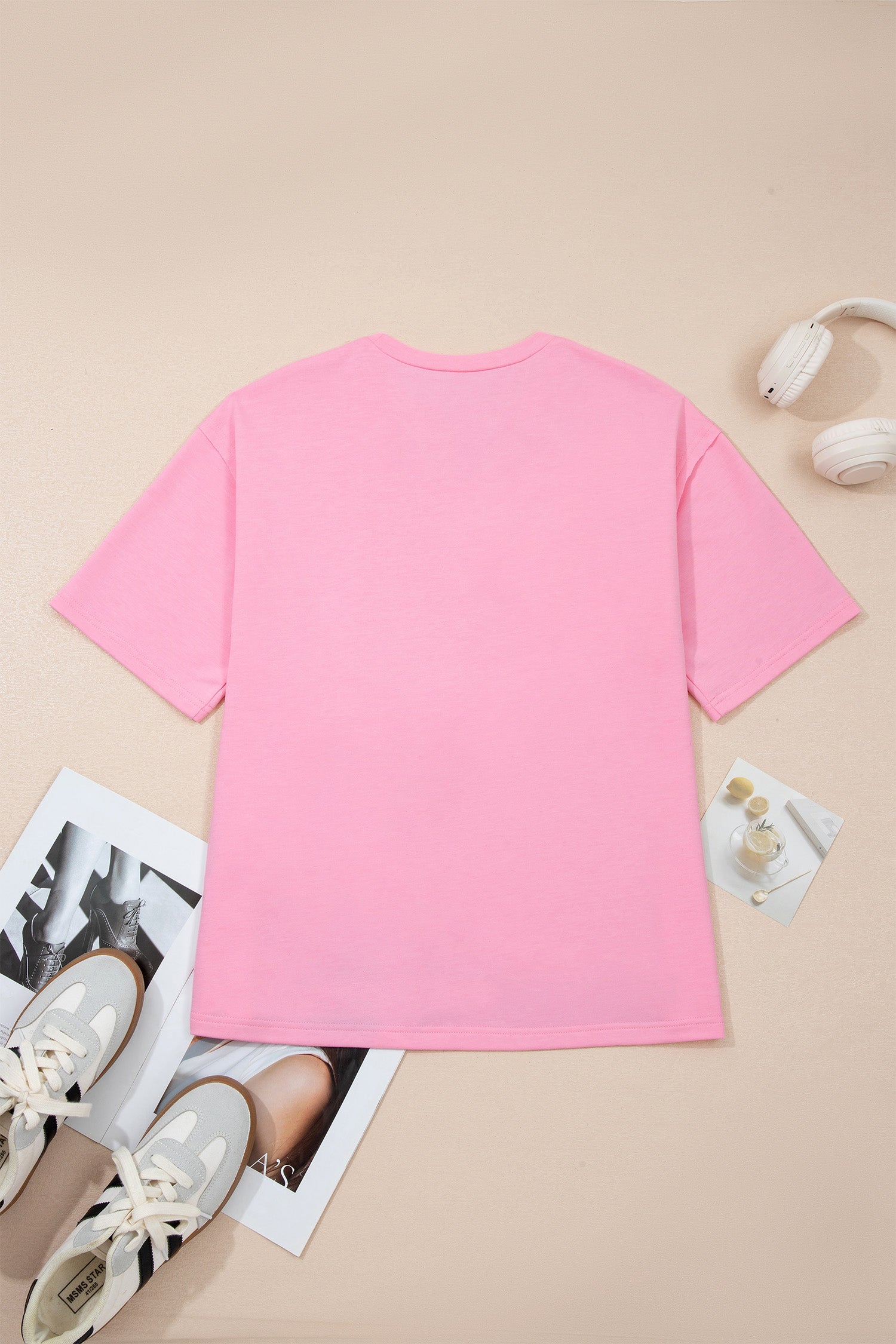 Pink Solid Color Raw Edge Bow Patch Loose T Shirt-Tops/Tops & Tees-[Adult]-[Female]-2022 Online Blue Zone Planet