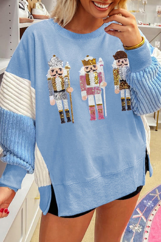 Beau Blue Sequin Nutcracker Textured Sleeve Patchwork Color Block Sweatshirt-Tops/Sweatshirts & Hoodies-[Adult]-[Female]-2022 Online Blue Zone Planet