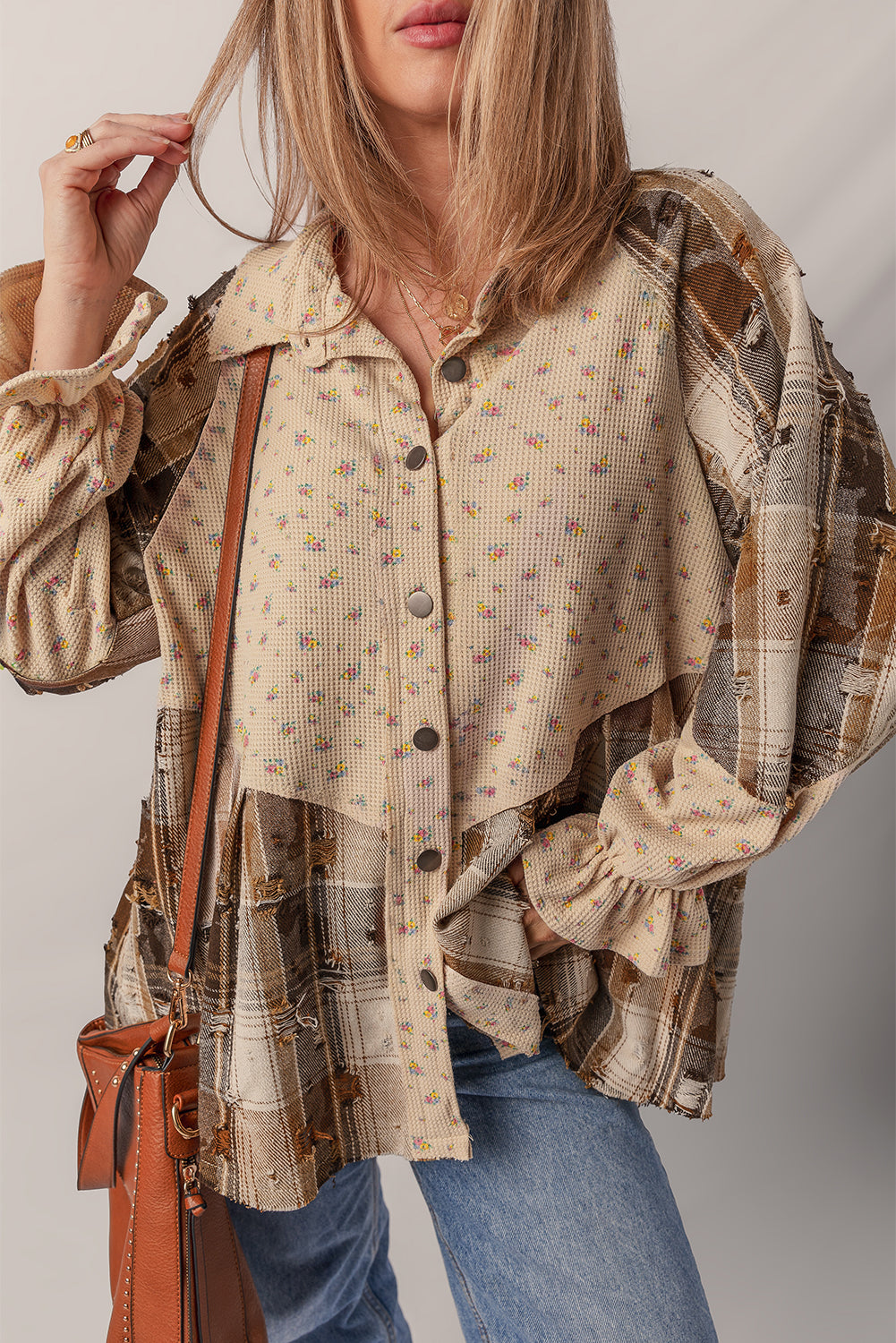 Oatmeal Boho Floral Plaid Patchwork Distressed Detail Ruffled Sleeve Waffle Knit Shacket-Outerwear/Jackets-[Adult]-[Female]-2022 Online Blue Zone Planet