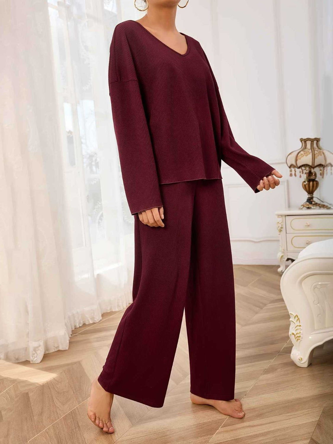 Blue Zone Planet | V-Neck Long Sleeve Top and Wide Leg Pants Set-TOPS / DRESSES-[Adult]-[Female]-2022 Online Blue Zone Planet