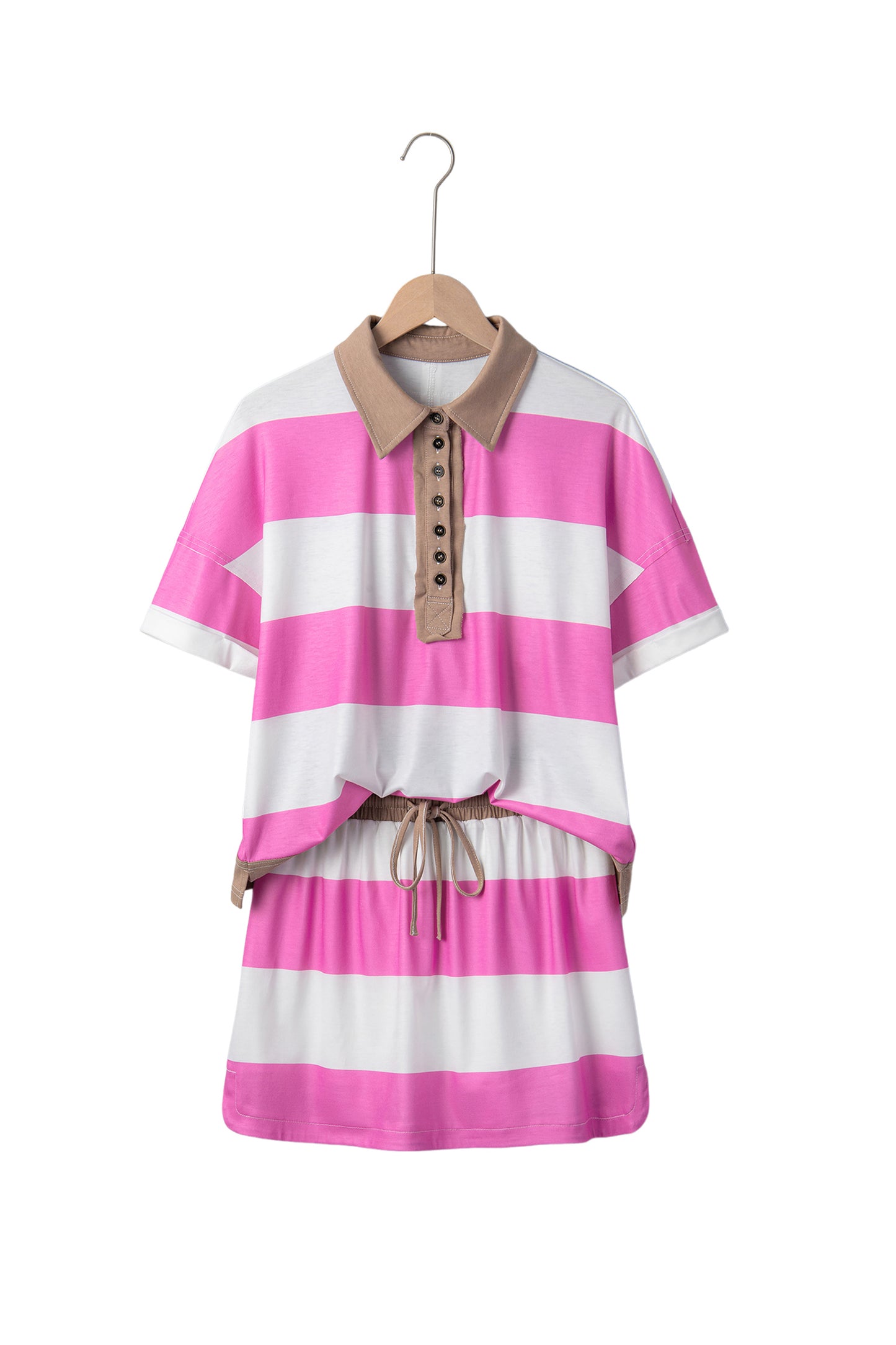 Rose Stripe Colorblock Trim Polo Tee Drawstring Mini Skirt 2pcs Set-Two Piece Sets/Two Piece Dresses-[Adult]-[Female]-2022 Online Blue Zone Planet