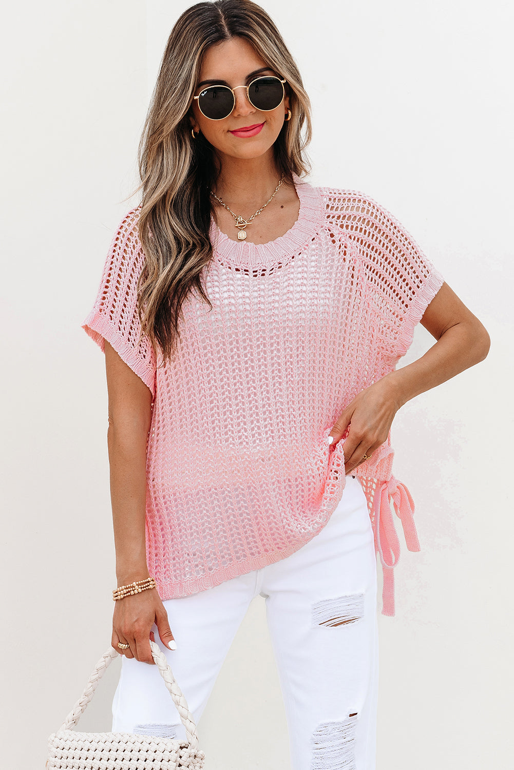 Pink Hollow-Out Crochet Side Tied Short Sleeve Sweater-TOPS / DRESSES-[Adult]-[Female]-2022 Online Blue Zone Planet