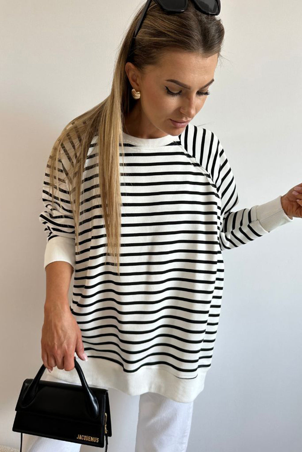 Blue Zone Planet | Black Stripe Raglan Sleeve Side Slits Loose Sweatshirt-Tops/Sweatshirts & Hoodies-[Adult]-[Female]-2022 Online Blue Zone Planet