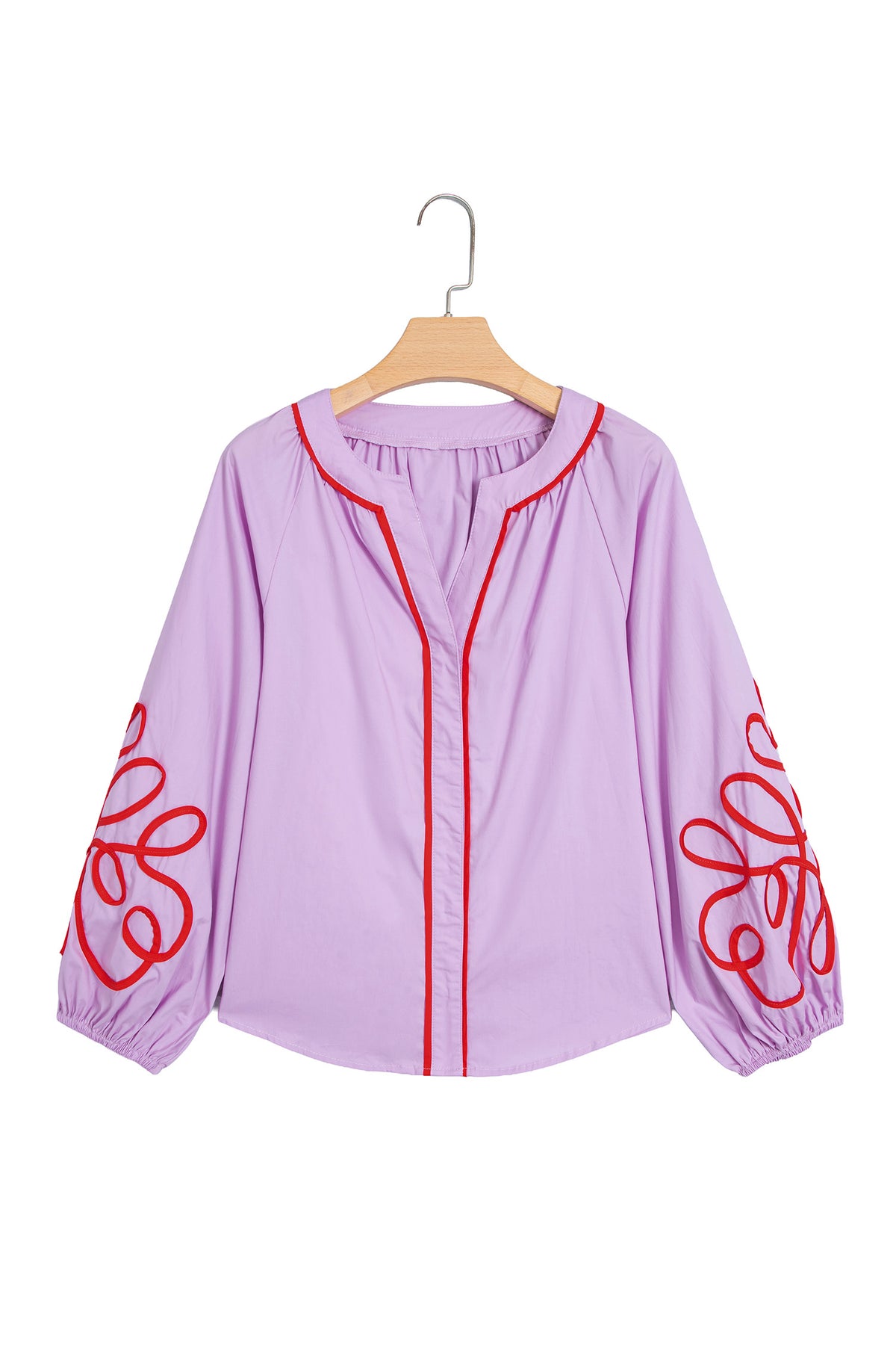 Orchid Bouquet Contrast Detail Long Sleeve Decorative Neckline Cotton Blouse-Tops/Blouses & Shirts-[Adult]-[Female]-2022 Online Blue Zone Planet