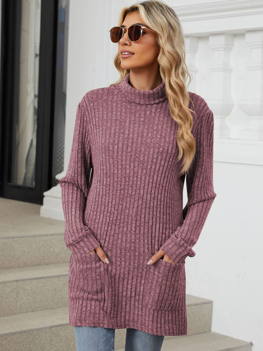 Blue Zone Planet | Ribbed Mock Neck Long Sleeve T-Shirt-TOPS / DRESSES-[Adult]-[Female]-Mauve-S-2022 Online Blue Zone Planet